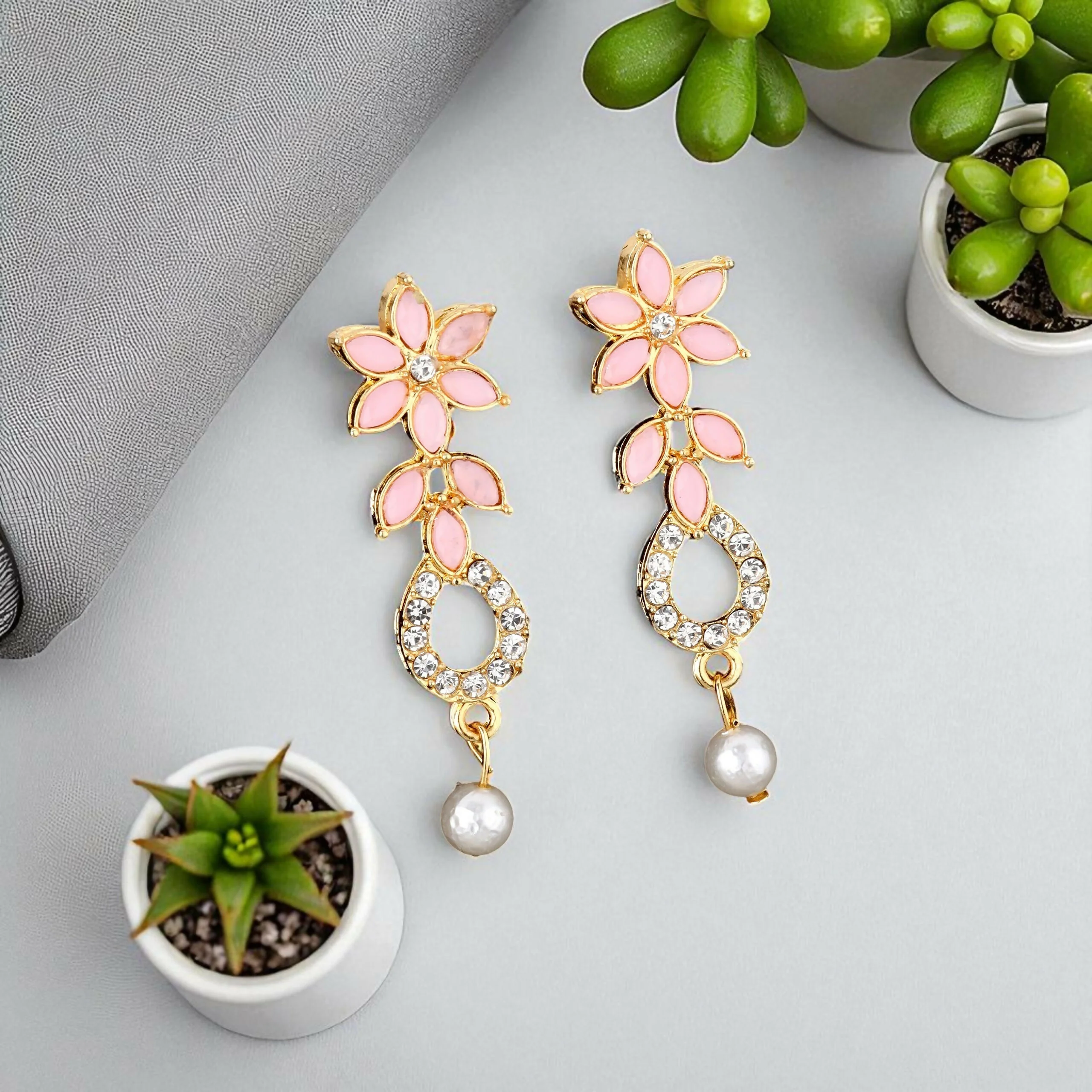 Delicate Baby Pink Floral & Crystal Necklace Set with Pearl Drop - Image 4