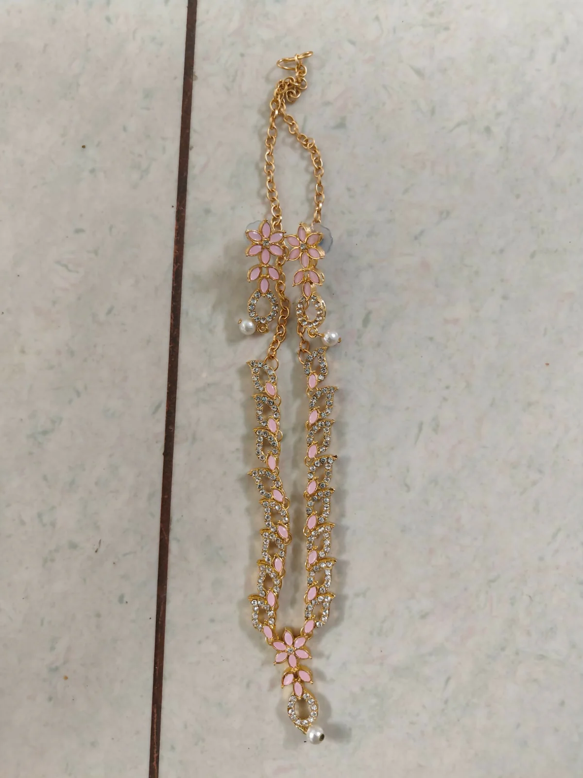 Delicate Baby Pink Floral & Crystal Necklace Set with Pearl Drop - Image 5