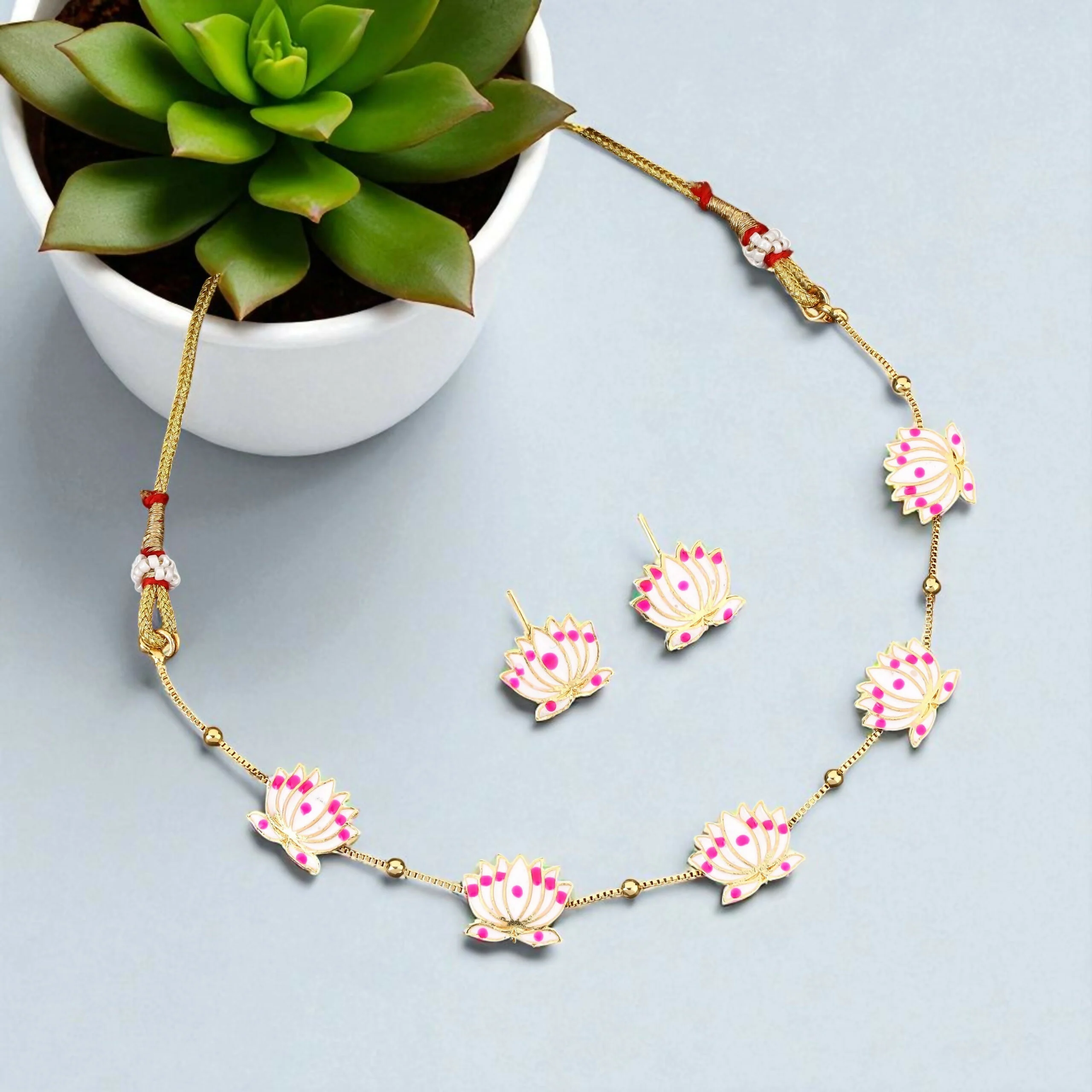 Delicate Lotus Design Necklace Set with Pink and White Enamel - Image 3