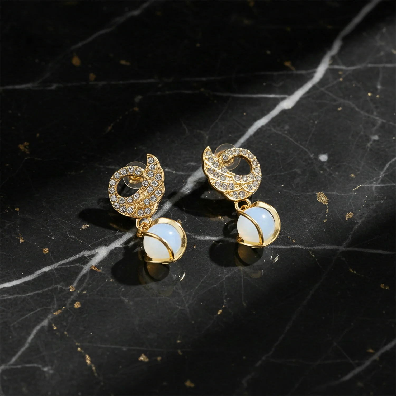 Designer Crystal Encrusted Swan Earrings – Graceful Pearly Drop Statement Jewelry - Image 4