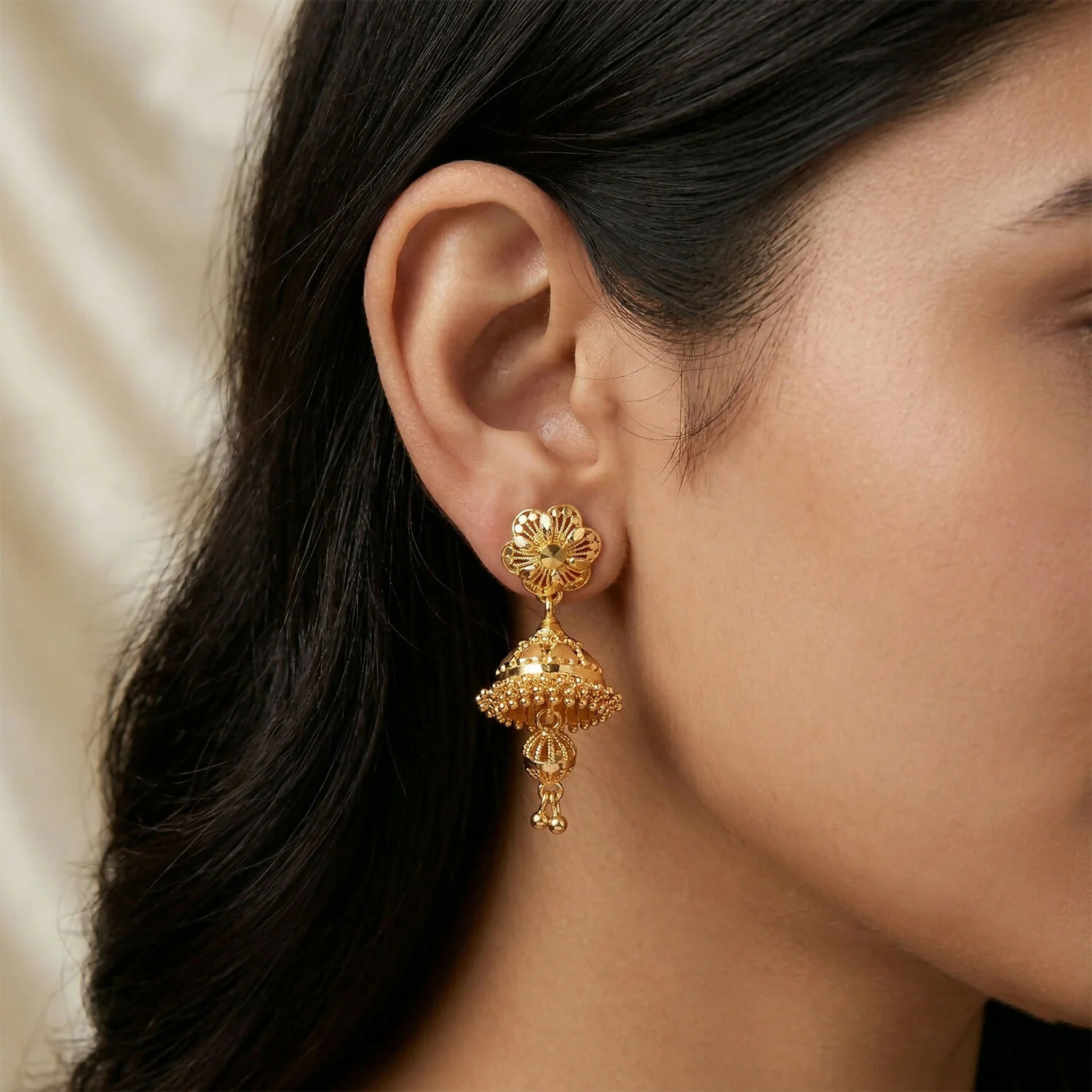 Designer Floral Top Gold Jhumka Earrings – Festive Collection - Image 2
