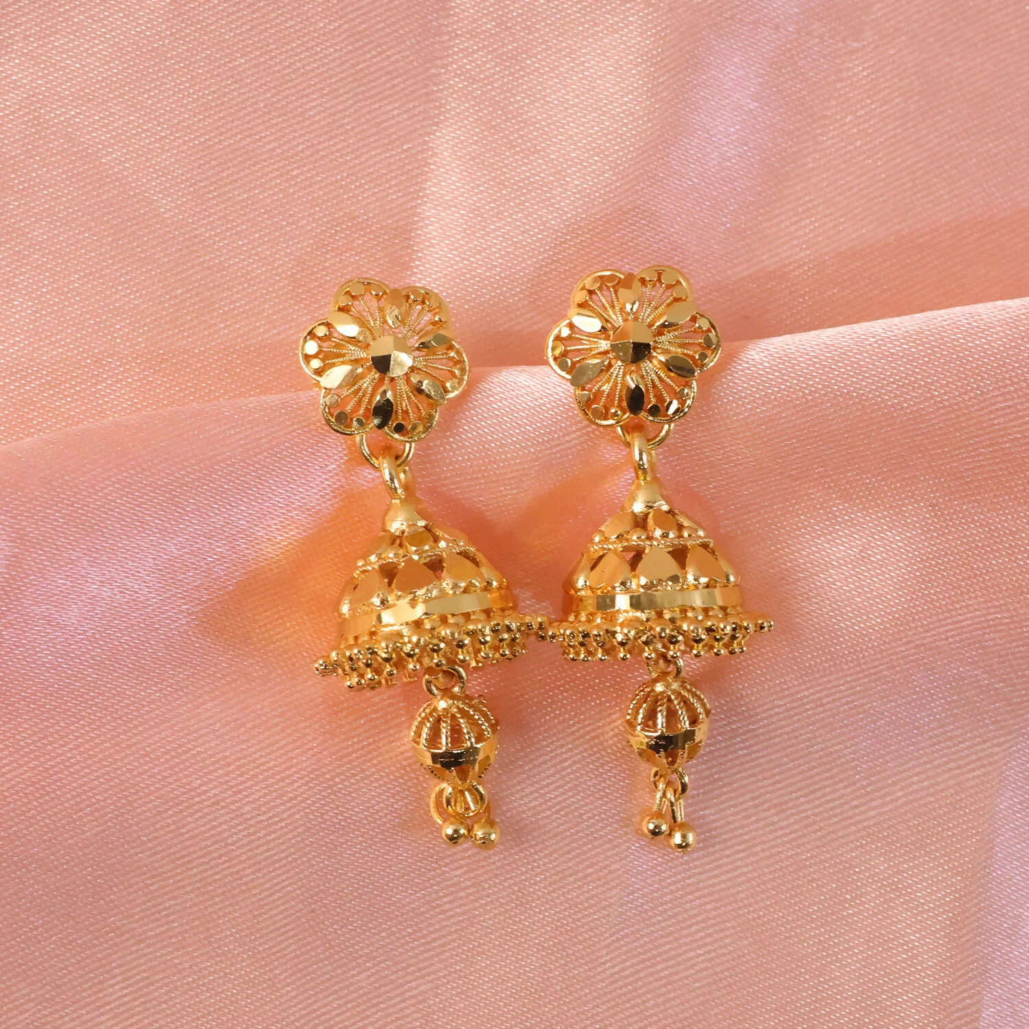 Designer Floral Top Gold Jhumka Earrings – Festive Collection - Image 3