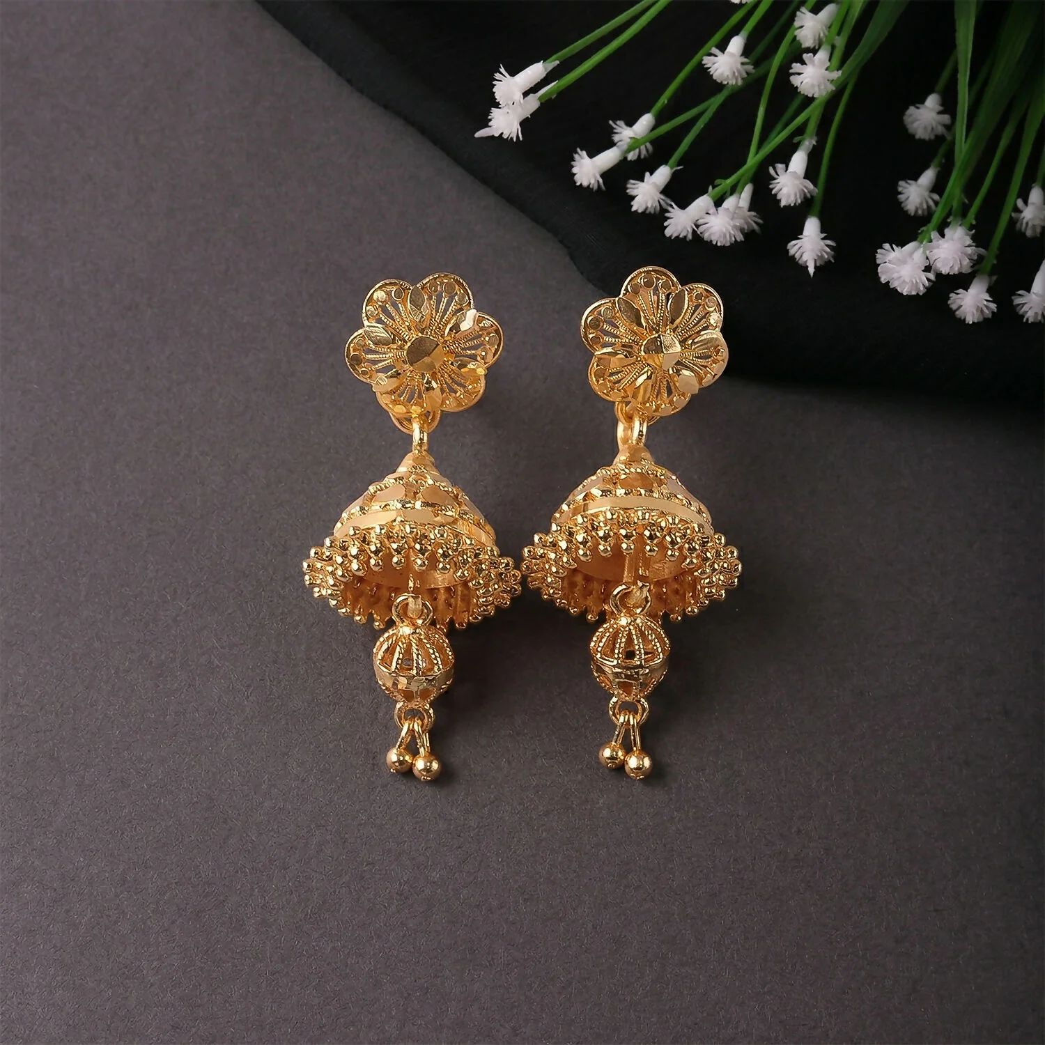Designer Floral Top Gold Jhumka Earrings – Festive Collection - Image 4