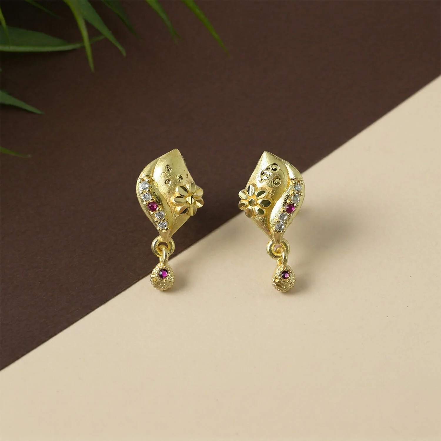 Designer Flower Style Gold Plated Stud Drop Earrings for Women - Image 3