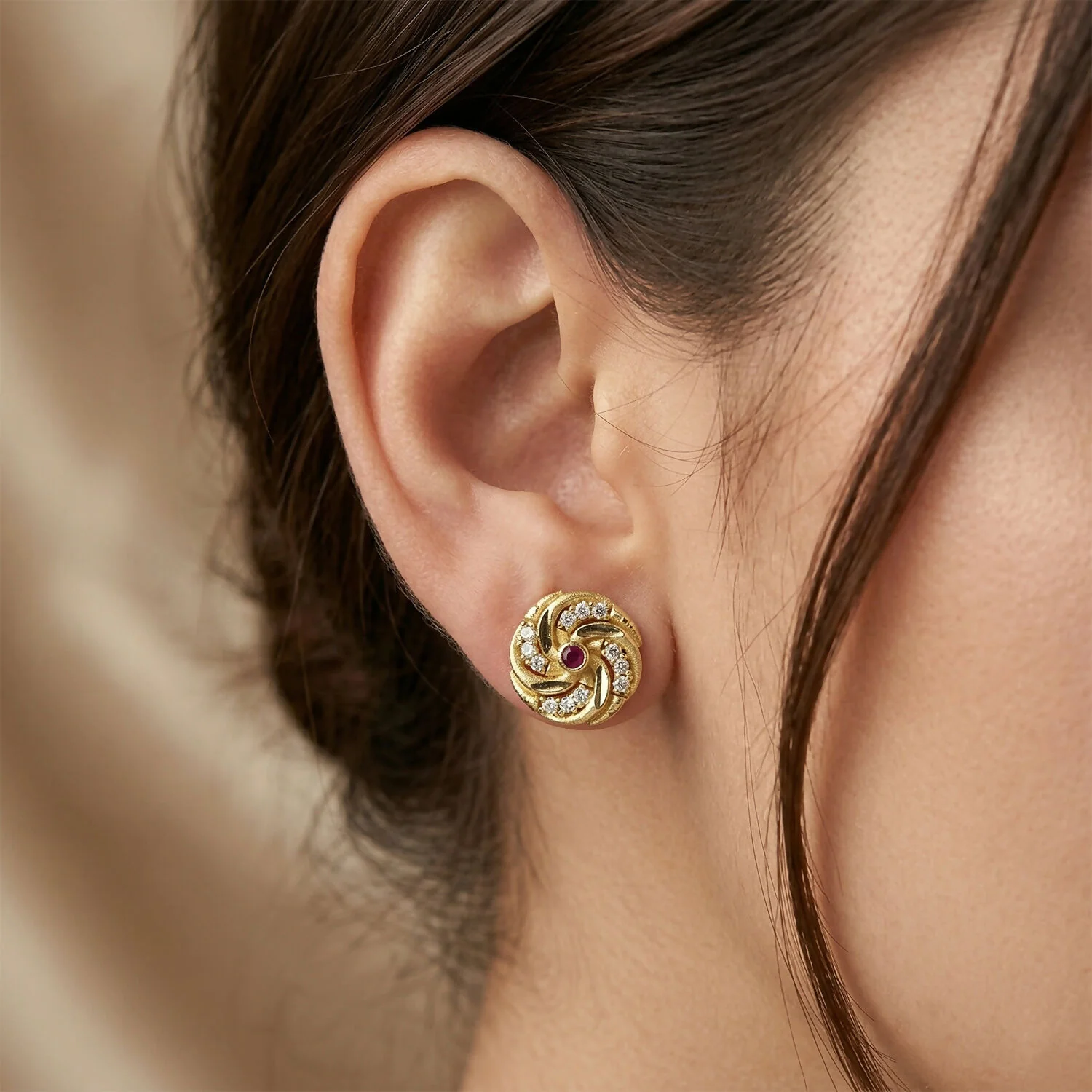 Designer Spiral Pattern Gold Stud Earrings with Red Stone - Image 2