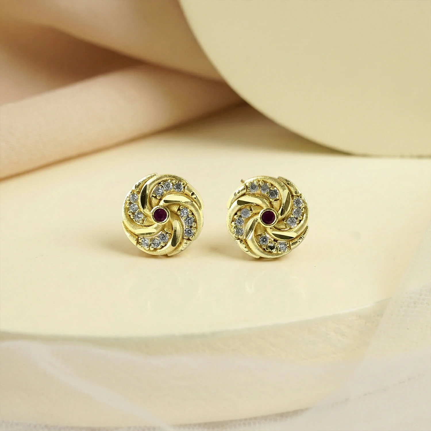 Designer Spiral Pattern Gold Stud Earrings with Red Stone - Image 4