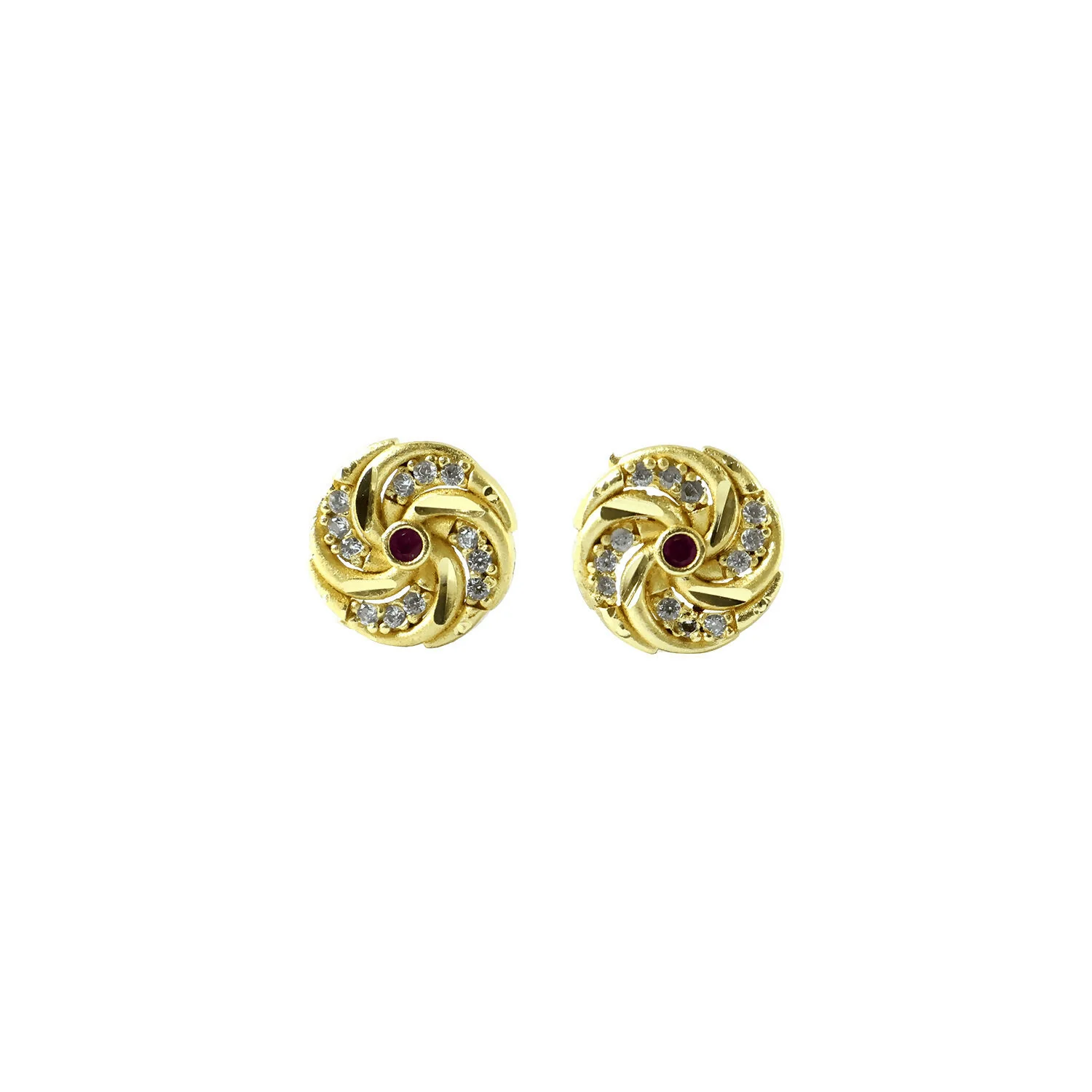 Designer Spiral Pattern Gold Stud Earrings with Red Stone - Image 5