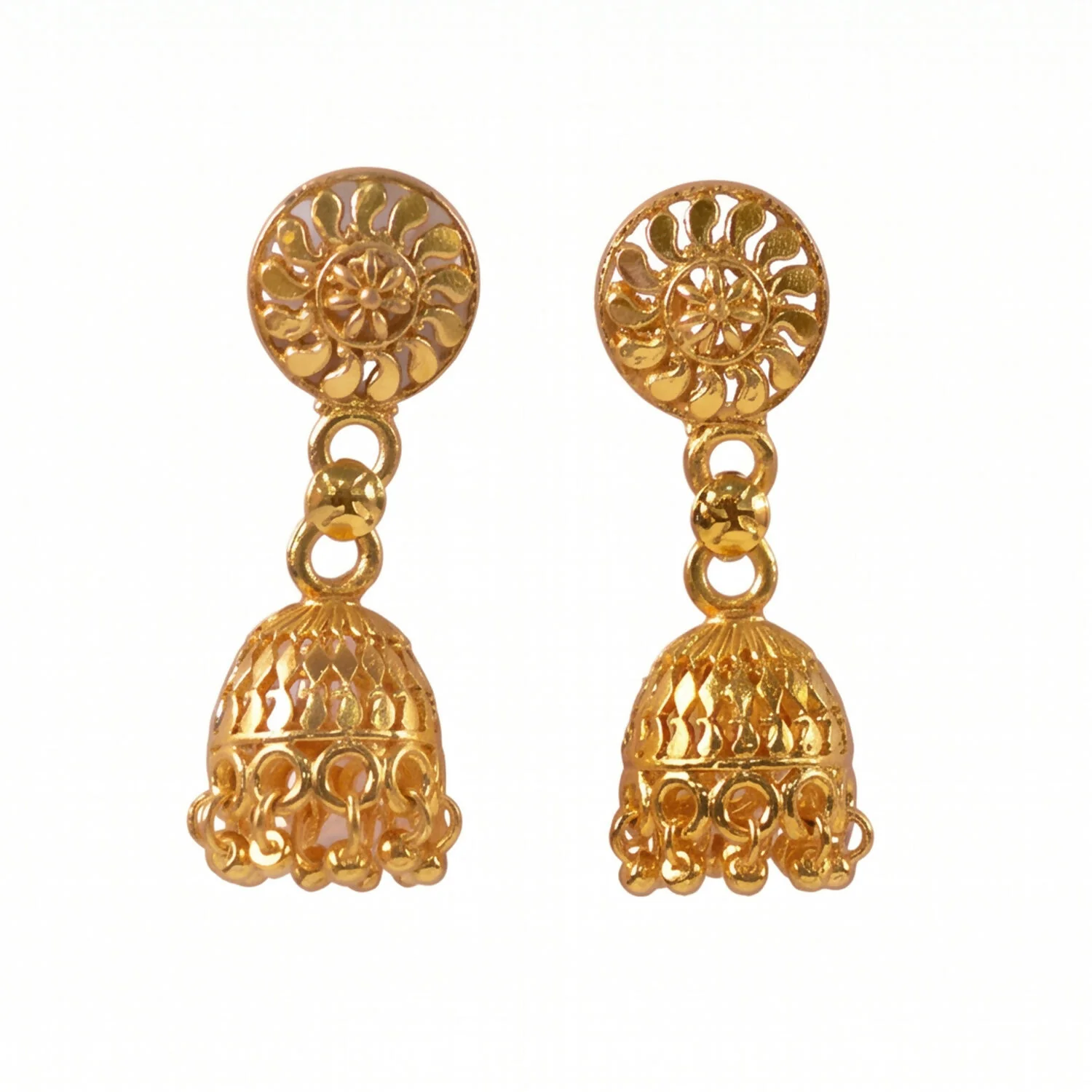 Detailed Gold Jhumka Earrings with Intricate Work and Pearl Accents for Festive Wear - Image 6