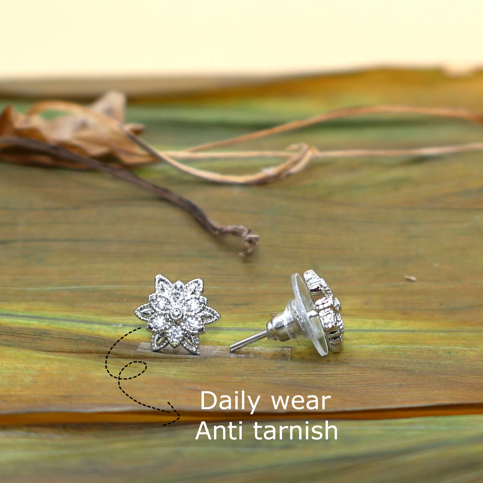 Diamond Cluster Flower Stud Earrings Sterling Silver Dainty Minimalist - Image 2