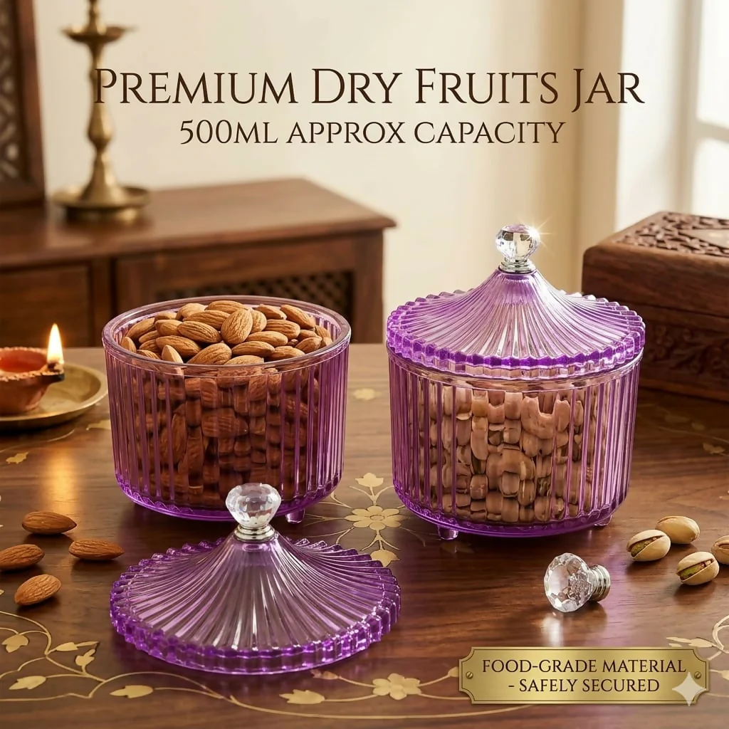 Diamond Crystal Cut 500ml Dry Fruit Jar Set of 2 | Food-Grade Premium Plastic Airtight Containers with Royal Lid for Kitchen Storage, Gifting, and Home Decor (Clear/Transparent) - Image 2