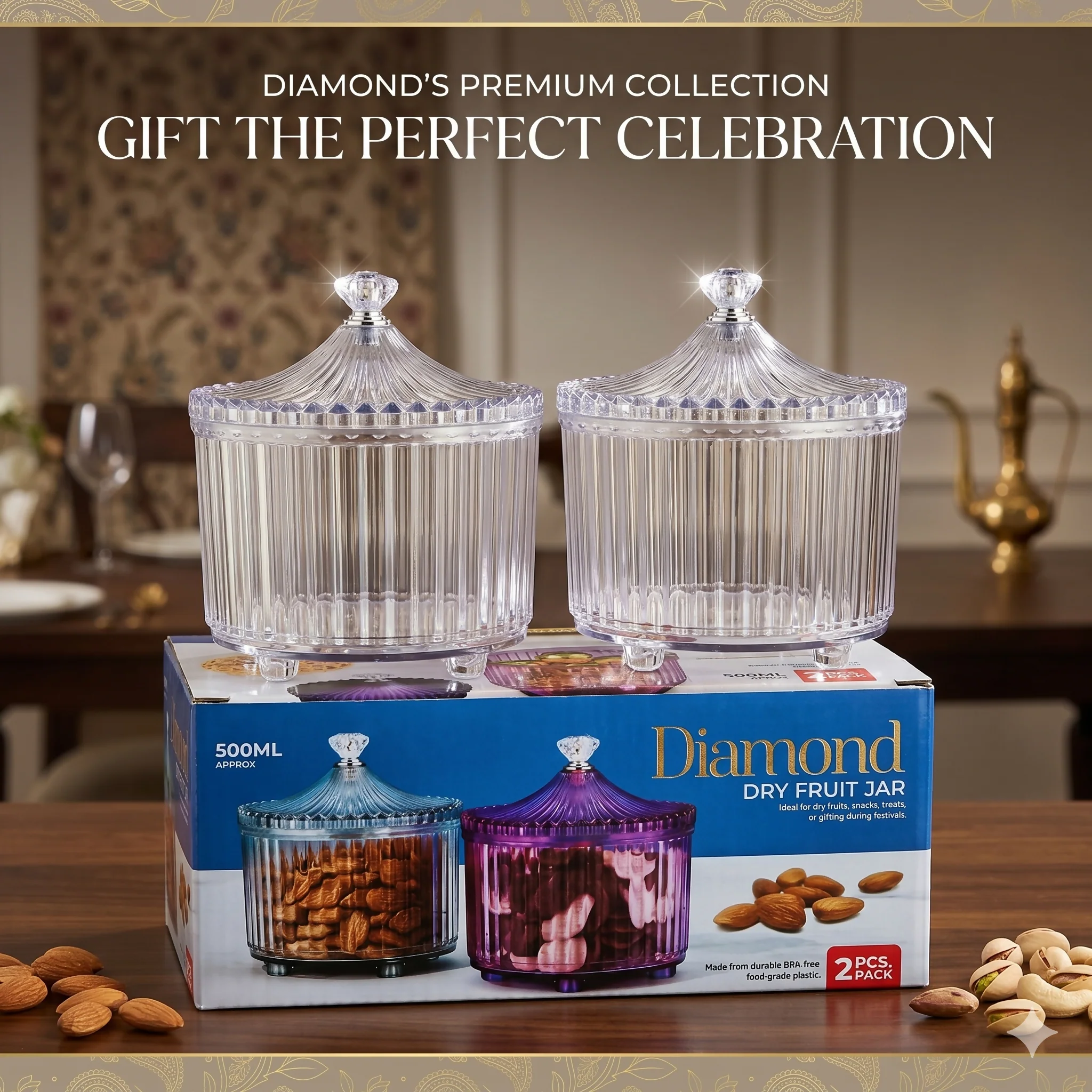 Diamond Crystal Cut 500ml Dry Fruit Jar Set of 2 | Food-Grade Premium Plastic Airtight Containers with Royal Lid for Kitchen Storage, Gifting, and Home Decor (Clear/Transparent) - Image 6