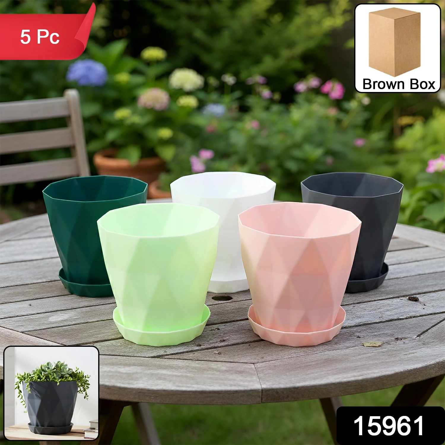 Diamond Design Plastic Flower Pot Set with Drain Tray (5 Pc) - Image 2