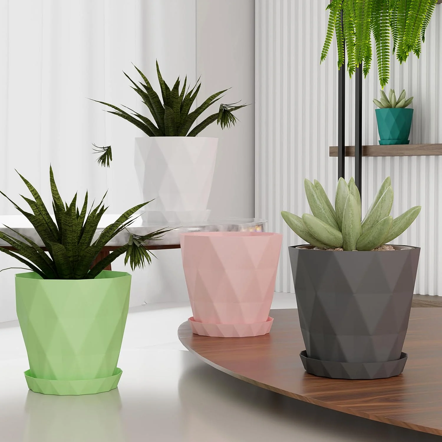 Diamond Design Plastic Flower Pot Set with Drain Tray (5 Pc) - Image 6