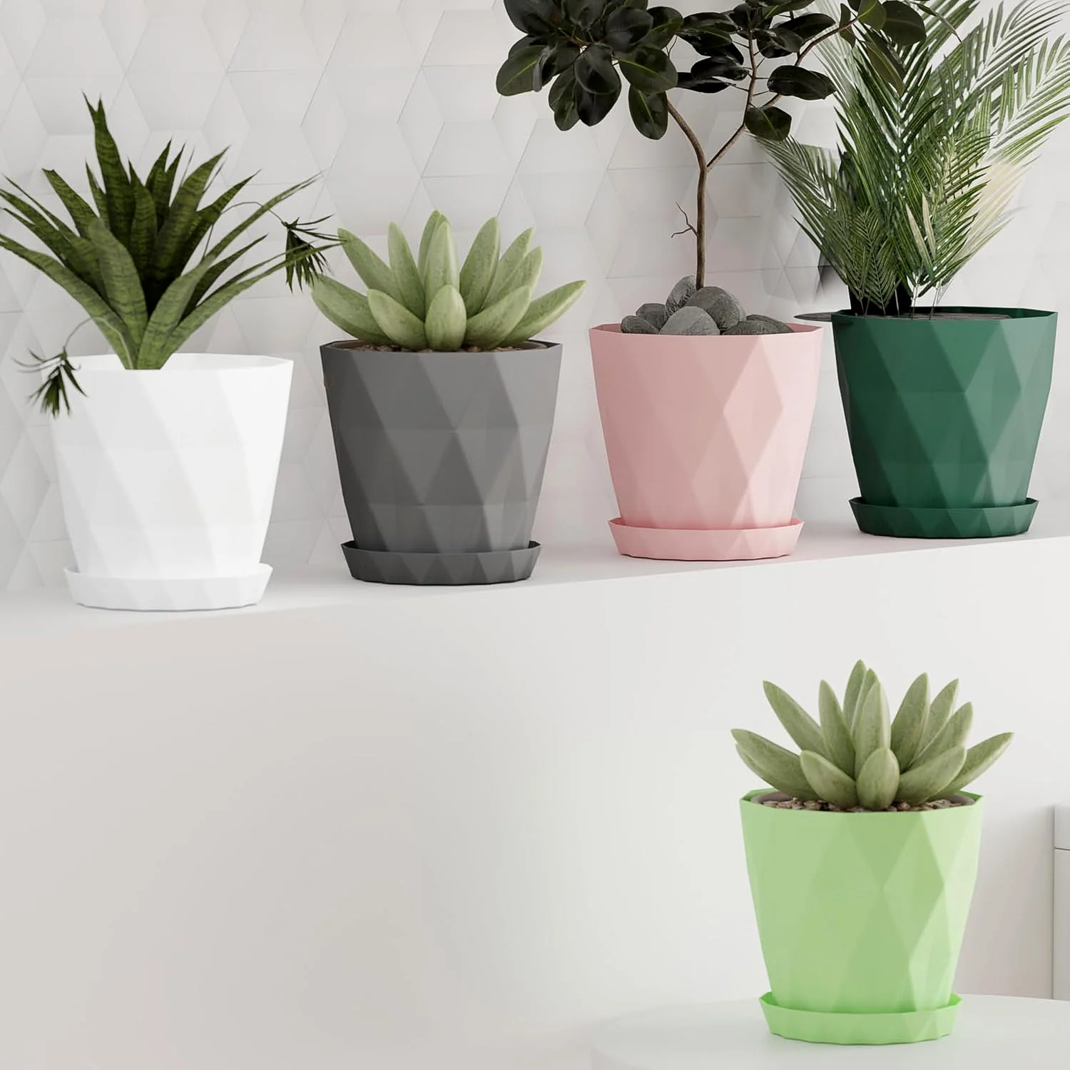Diamond Design Plastic Flower Pot Set with Drain Tray (5 Pc) - Image 7