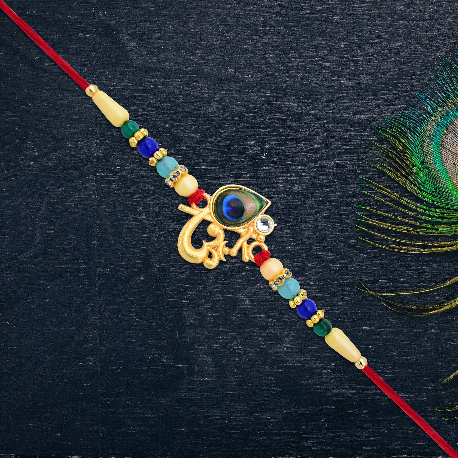Divine Govind Rakhi with Peacock Feather Design and Multicolor Beads - Image 2