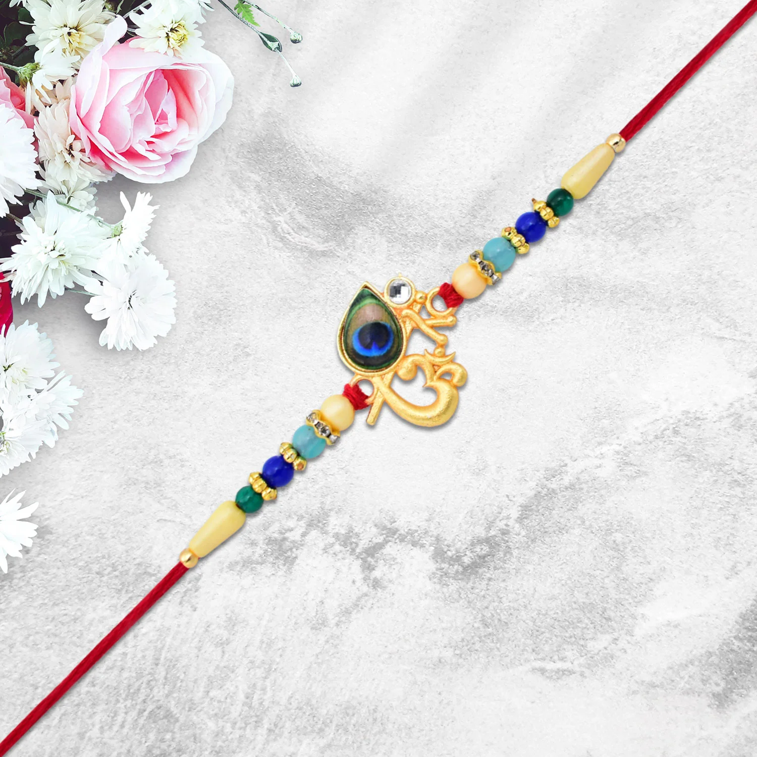 Divine Govind Rakhi with Peacock Feather Design and Multicolor Beads - Image 3