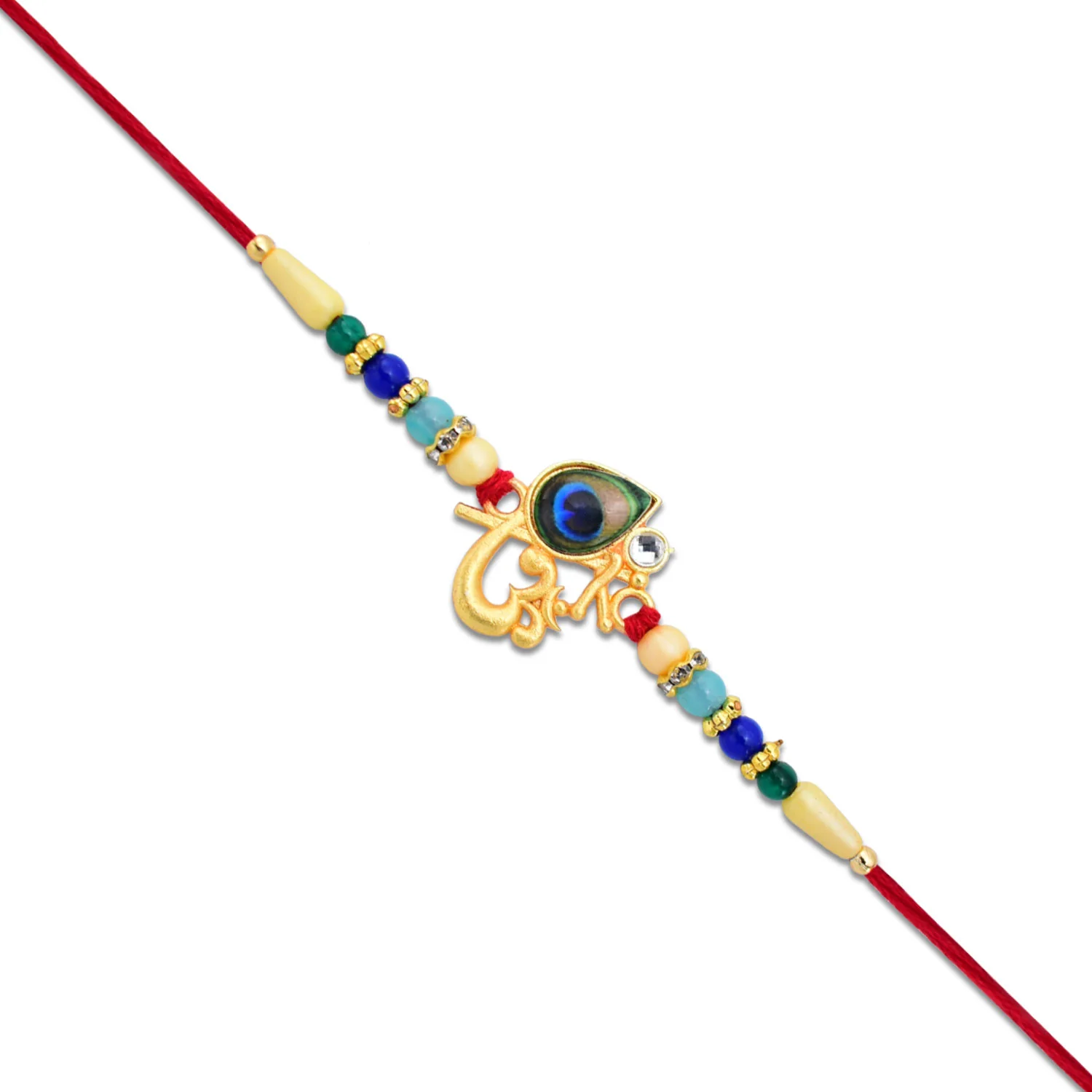 Divine Govind Rakhi with Peacock Feather Design and Multicolor Beads - Image 4