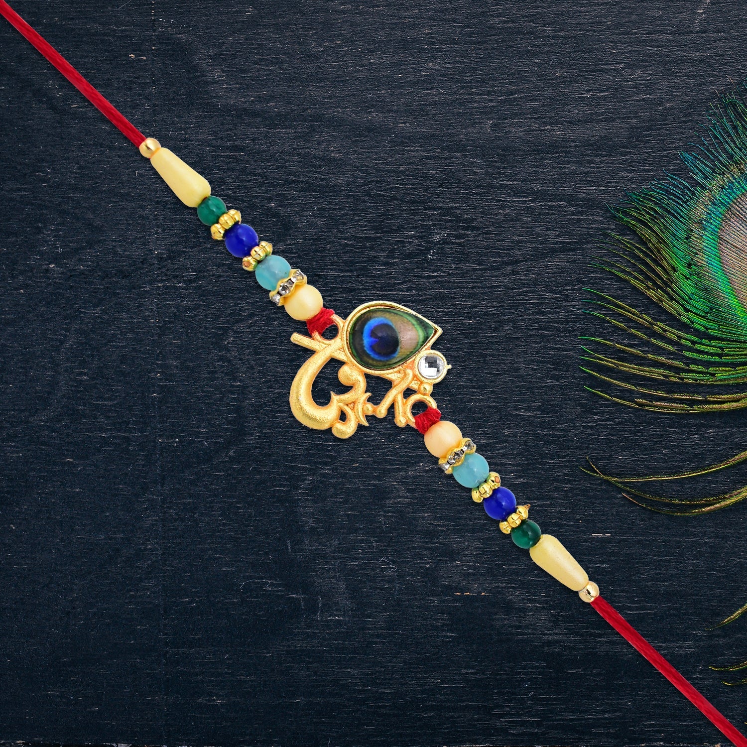 Divine Govind Rakhi with Peacock Feather Design and Multicolor Beads - Image 6