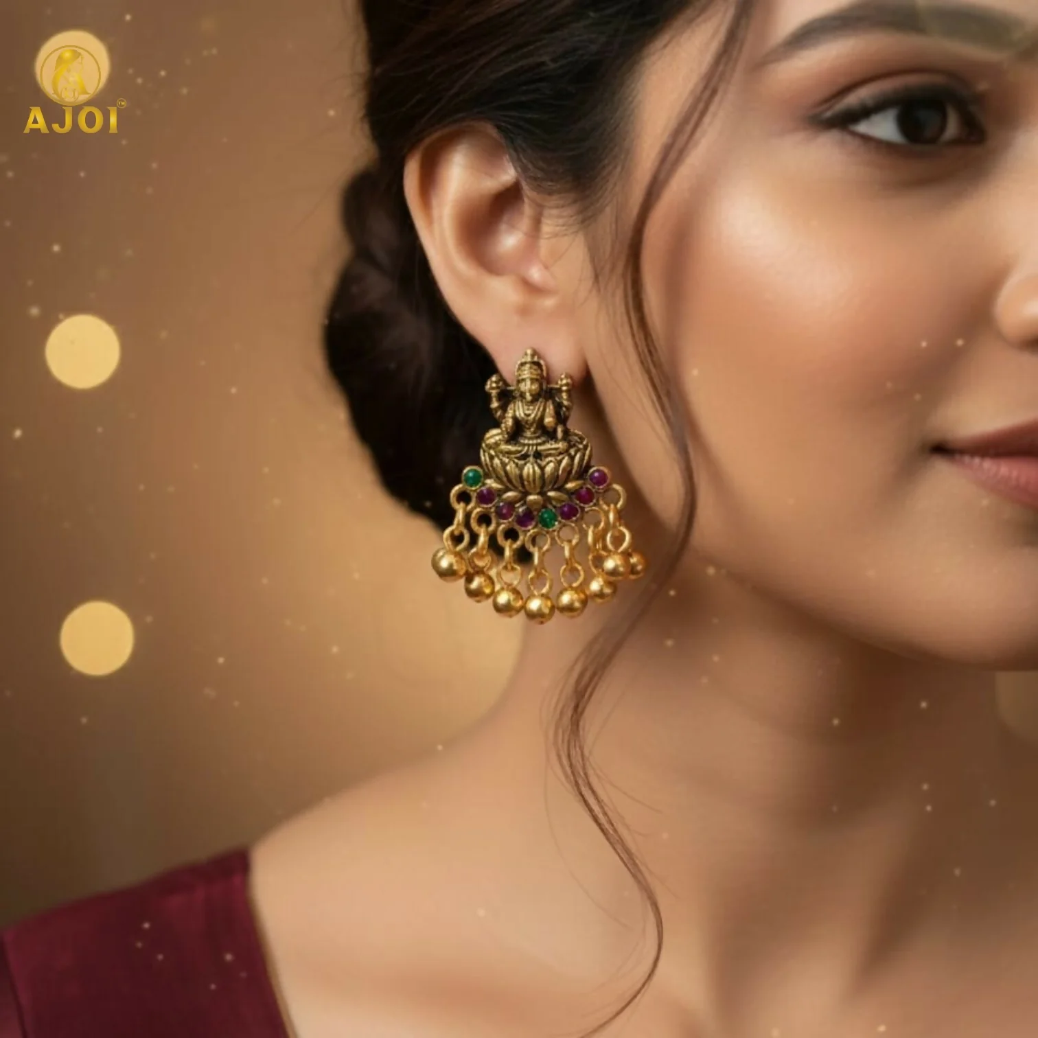 Divine Lakshmi Idol Antique Gold Mini Jhumka Earrings with Multicolor Stone Detailing - Image 2