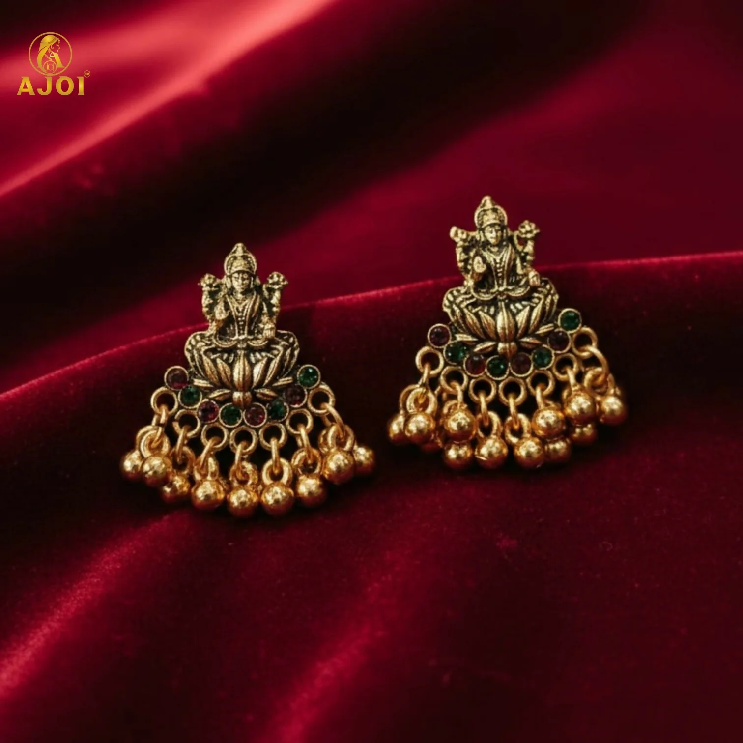 Divine Lakshmi Idol Antique Gold Mini Jhumka Earrings with Multicolor Stone Detailing - Image 3