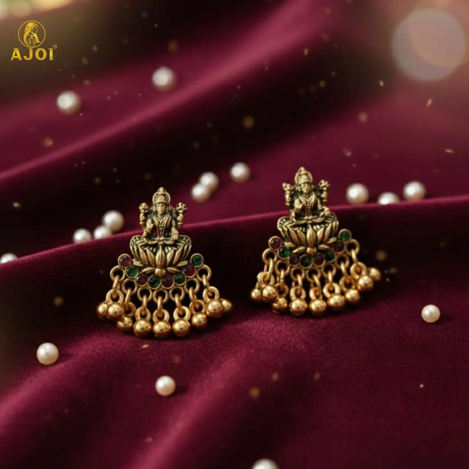 Divine Lakshmi Idol Antique Gold Mini Jhumka Earrings with Multicolor Stone Detailing - Image 4