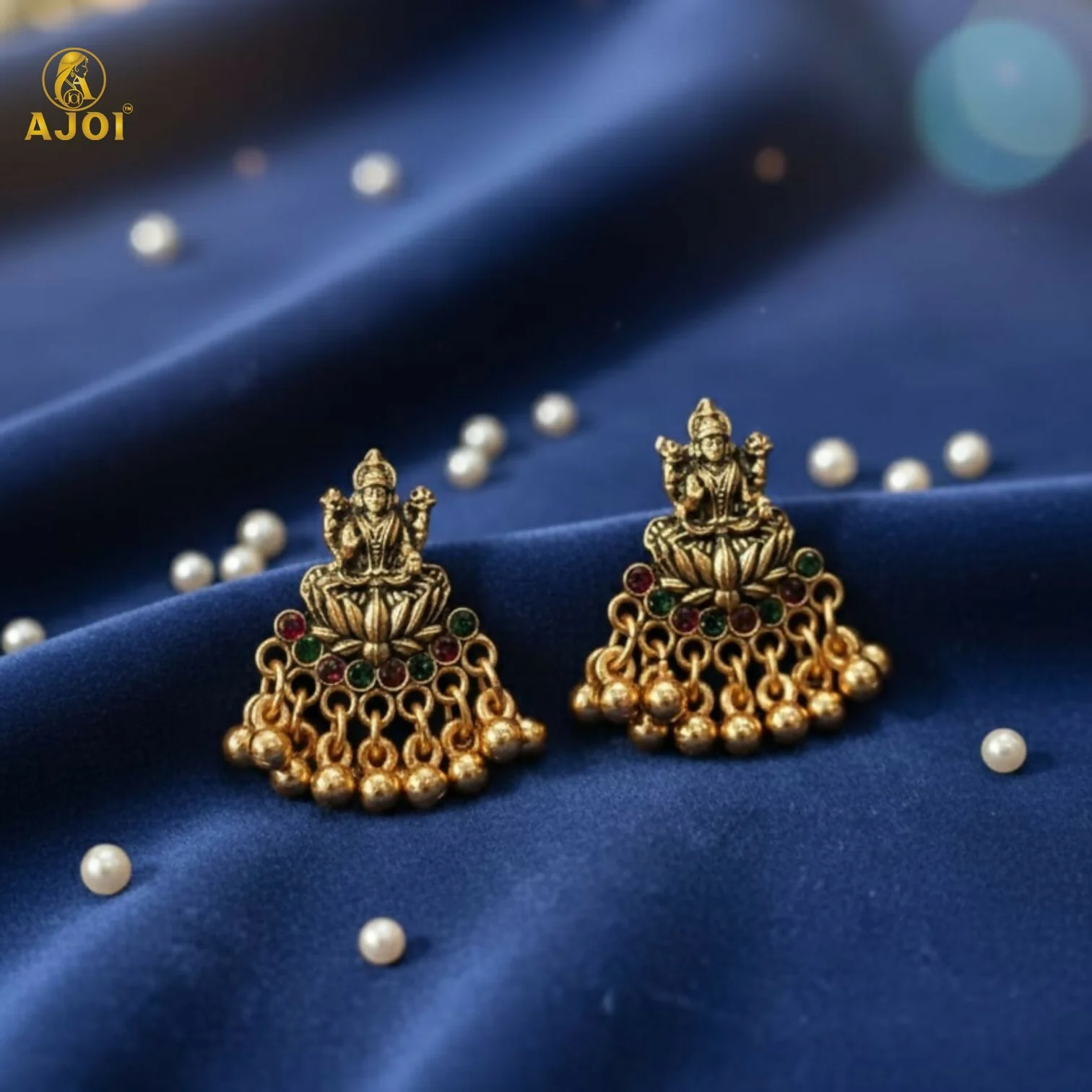 Divine Lakshmi Idol Antique Gold Mini Jhumka Earrings with Multicolor Stone Detailing - Image 5