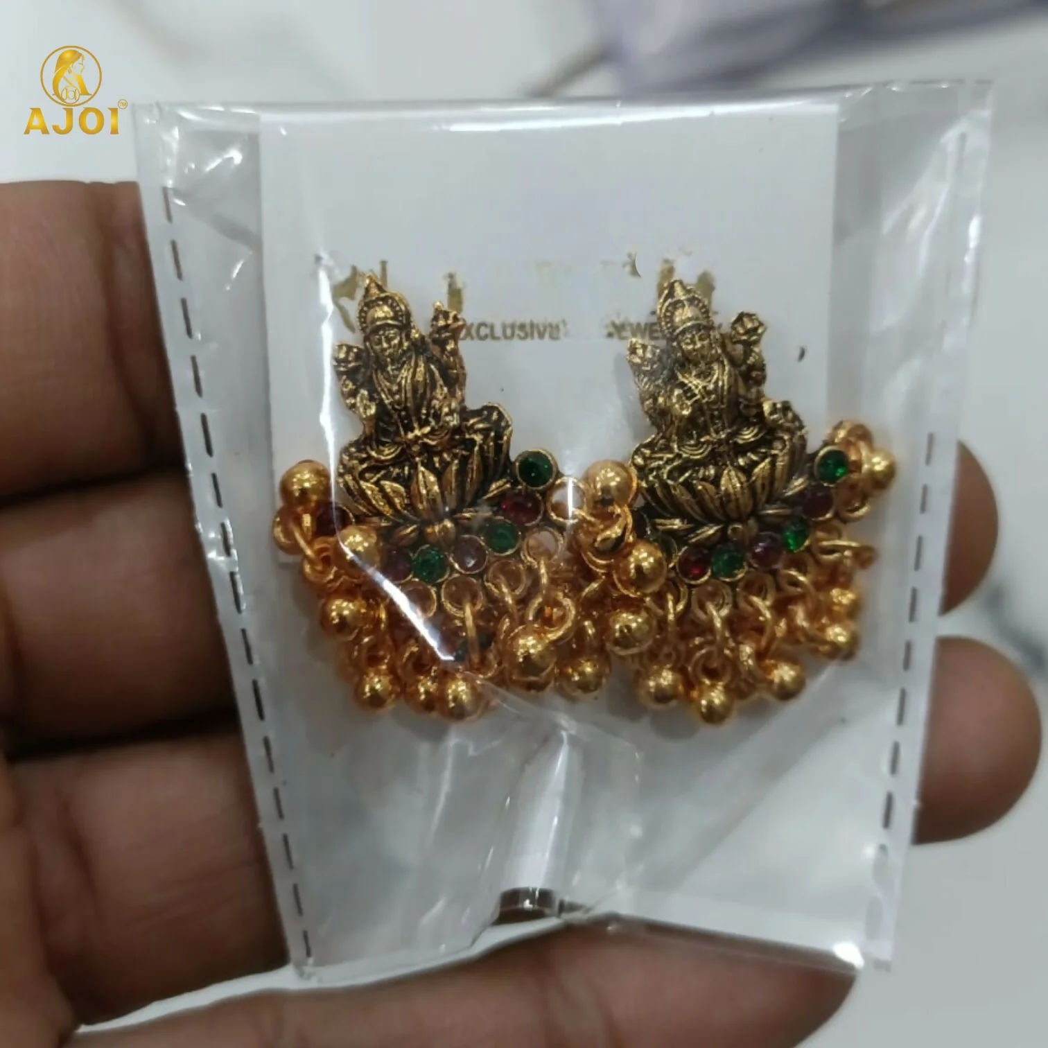 Divine Lakshmi Idol Antique Gold Mini Jhumka Earrings with Multicolor Stone Detailing - Image 6