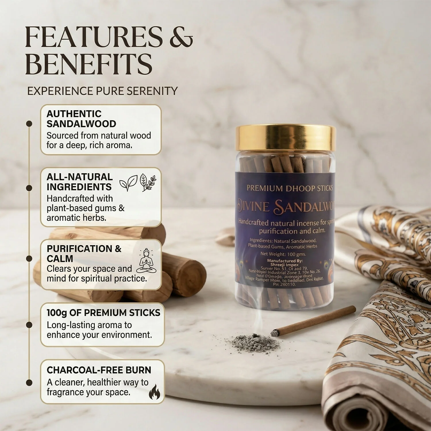 Divine Sandalwood Premium Dhoop Sticks Natural Incense Sticks for Spiritual Purification Long Lasting Aroma (100Gm) - Image 3