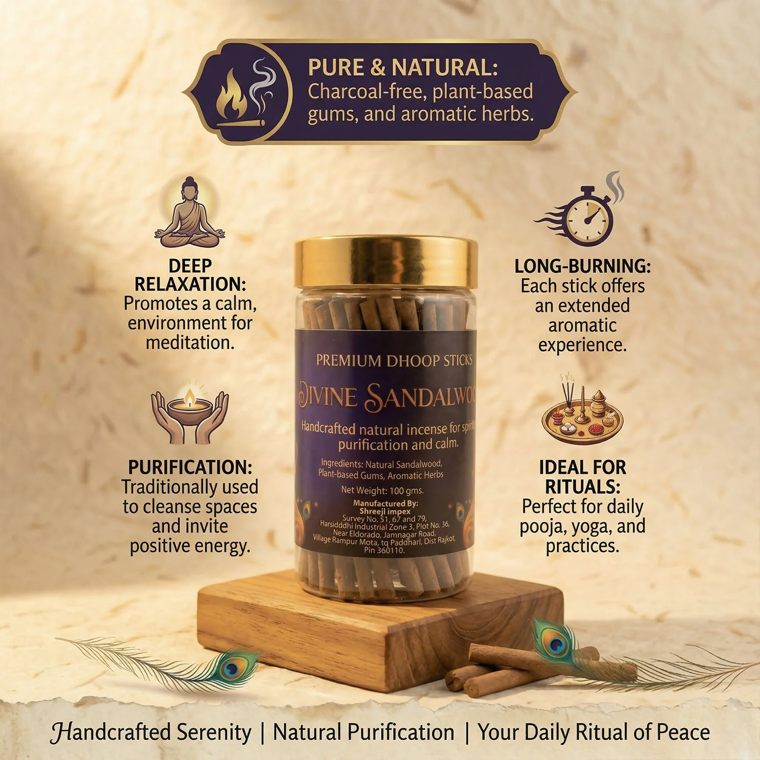 Divine Sandalwood Premium Dhoop Sticks Natural Incense Sticks for Spiritual Purification Long Lasting Aroma (100Gm) - Image 4
