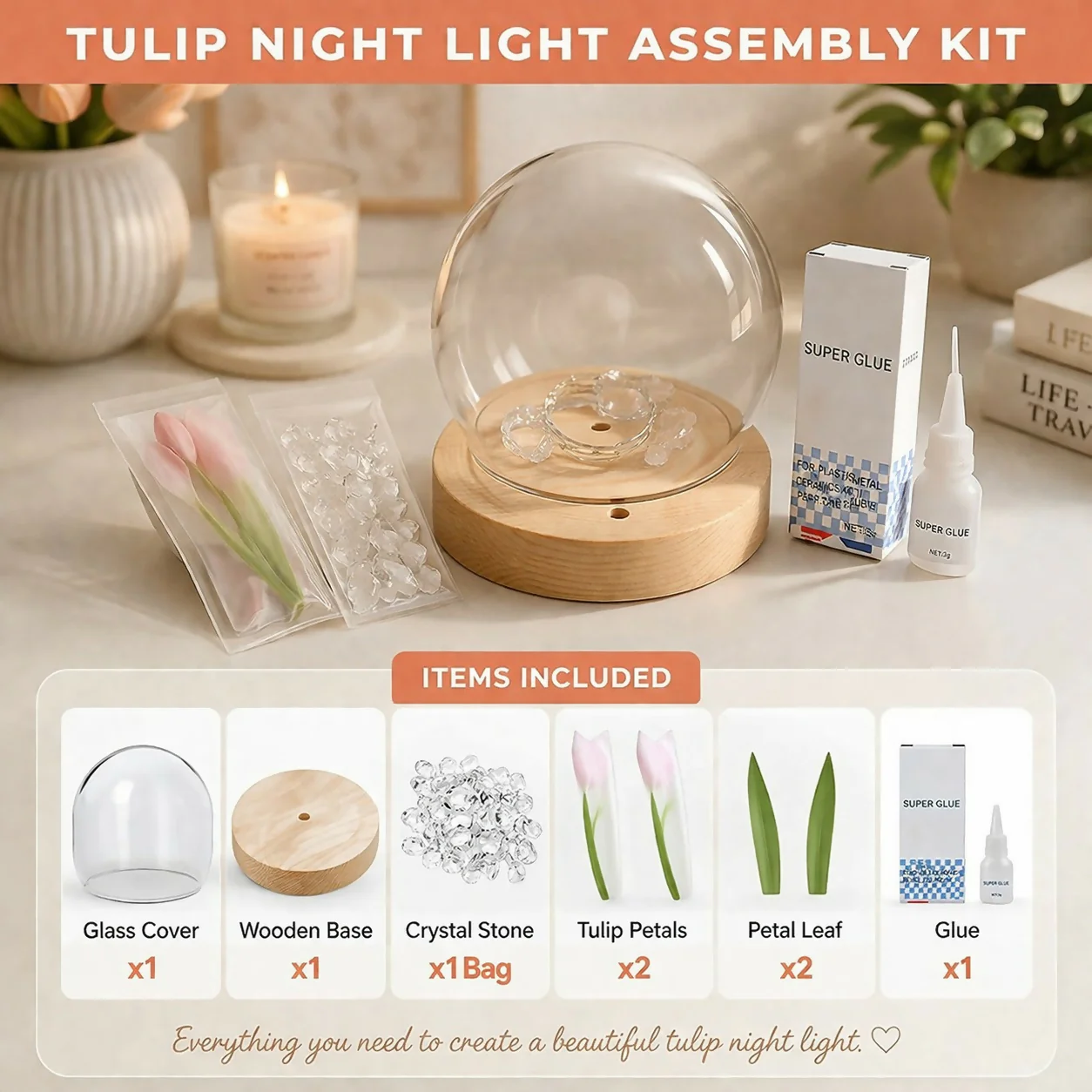DIY Tulip Night Light Kit LED Glass Dome Decorative Table Lamp - Image 9