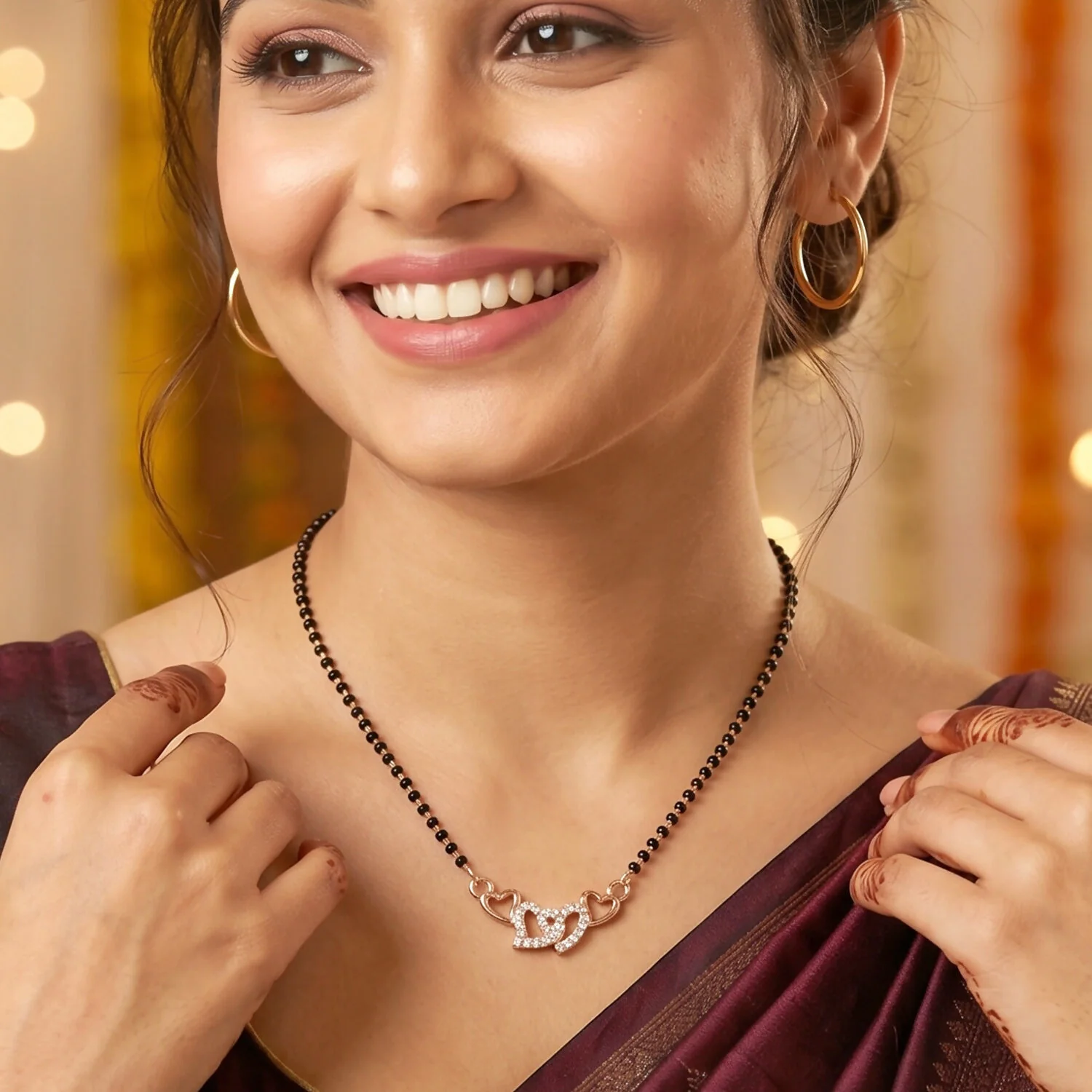 Double Heart Design Mangalsutra Necklace with Crystal Detailing 1 Pc - Image 3
