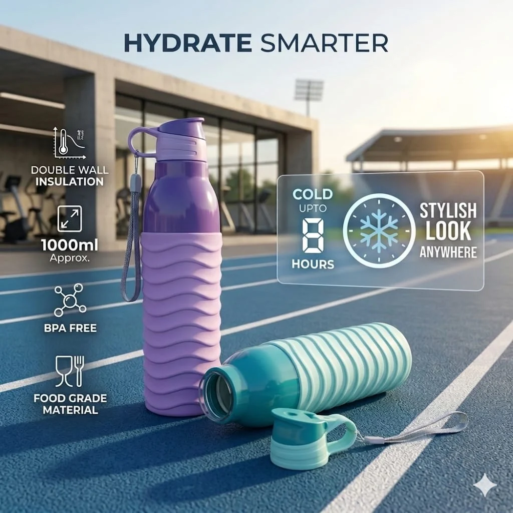 Double Wall Insulated Water Bottle with Grip Leak-Proof Thermos Flask for Gym Office & Travel (1000ml) (Any One Bottle) - Image 4