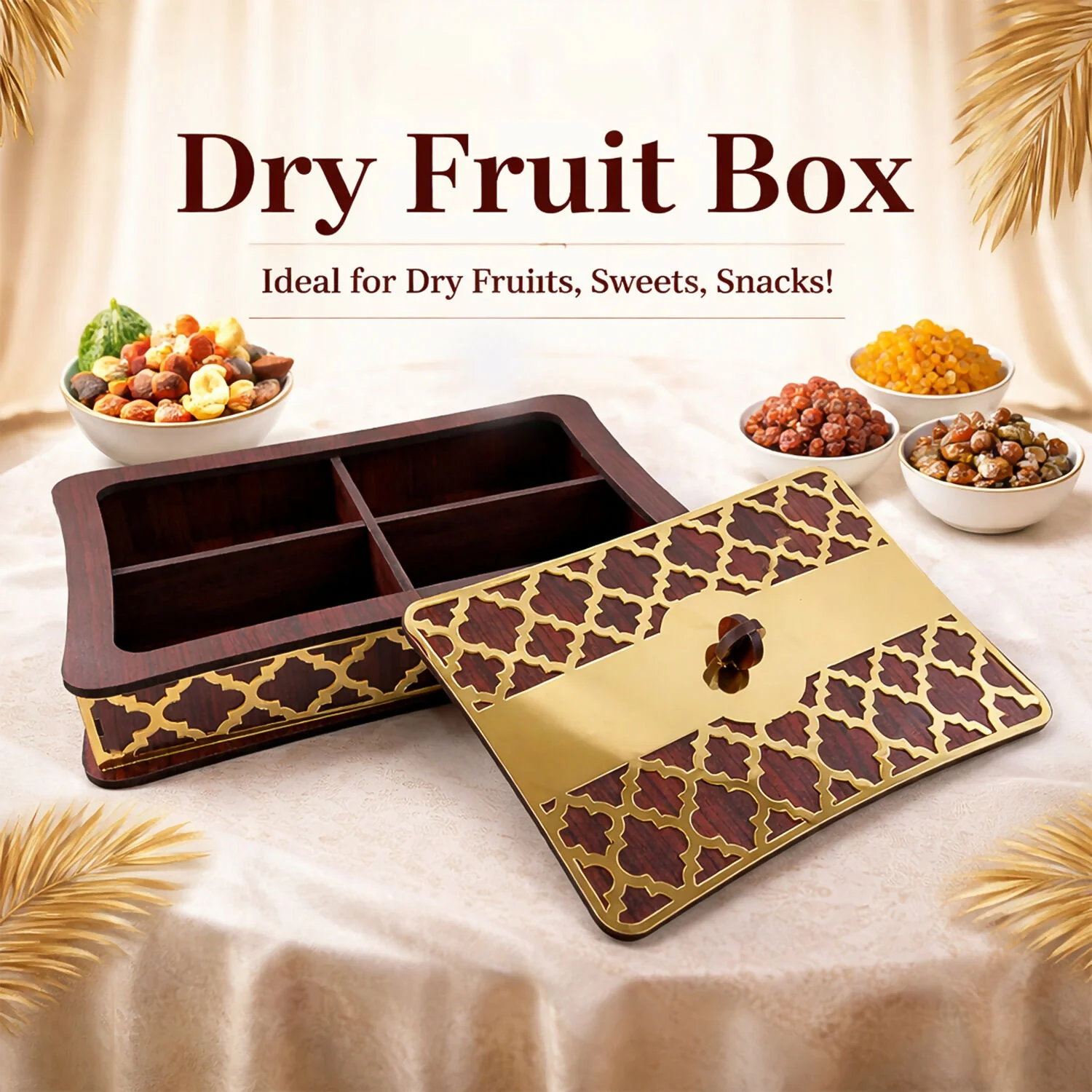 Dry Fruit Storage Box with 4 Compartments and Decorative Golden Lid - Image 2