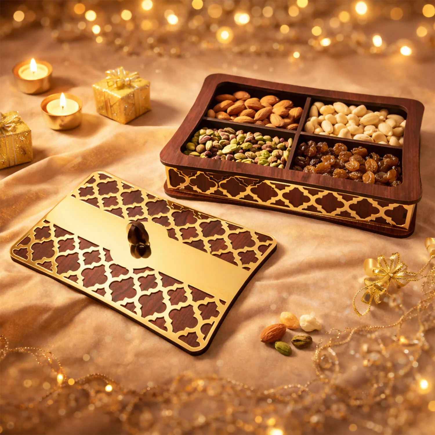 Dry Fruit Storage Box with 4 Compartments and Decorative Golden Lid - Image 3