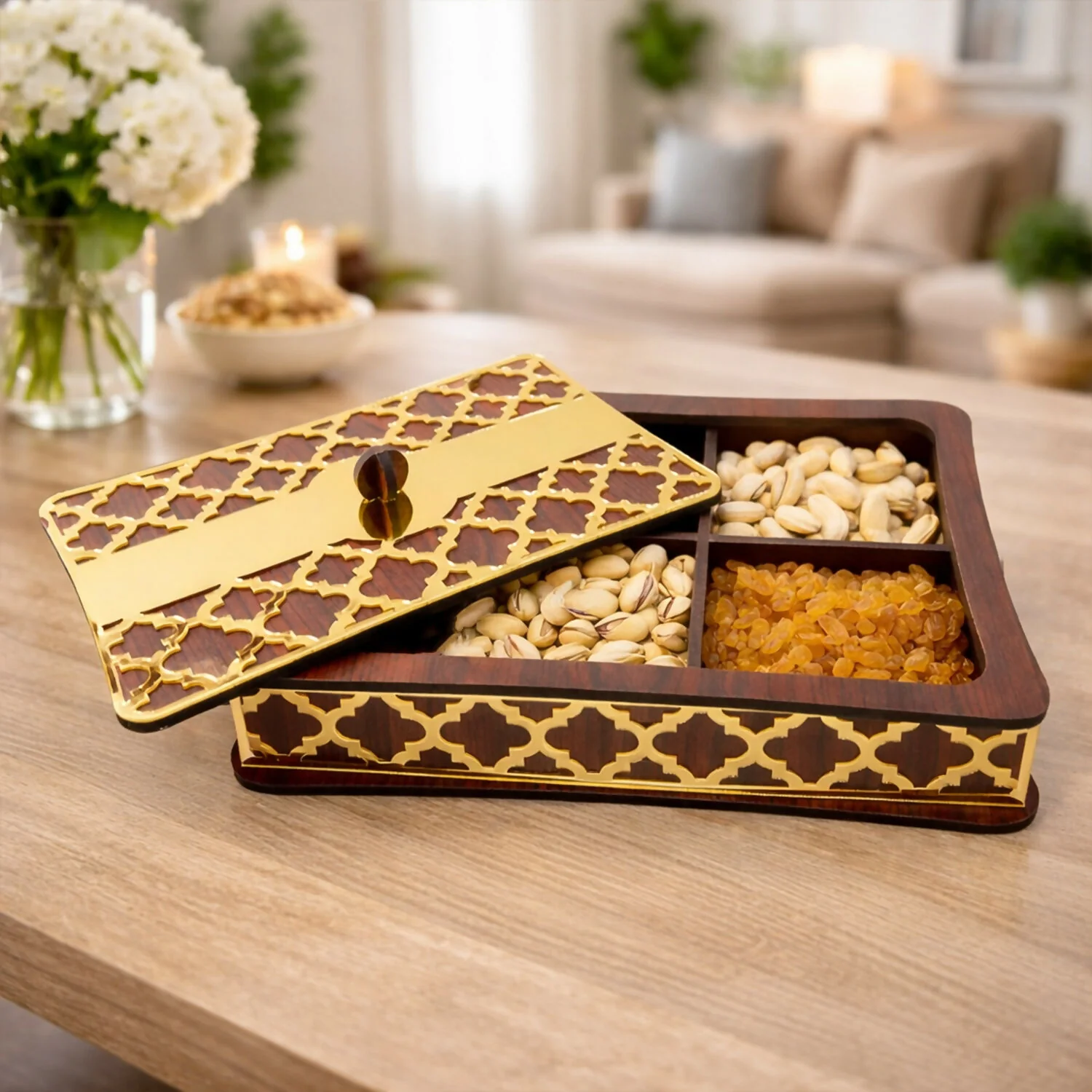 Dry Fruit Storage Box with 4 Compartments and Decorative Golden Lid - Image 4