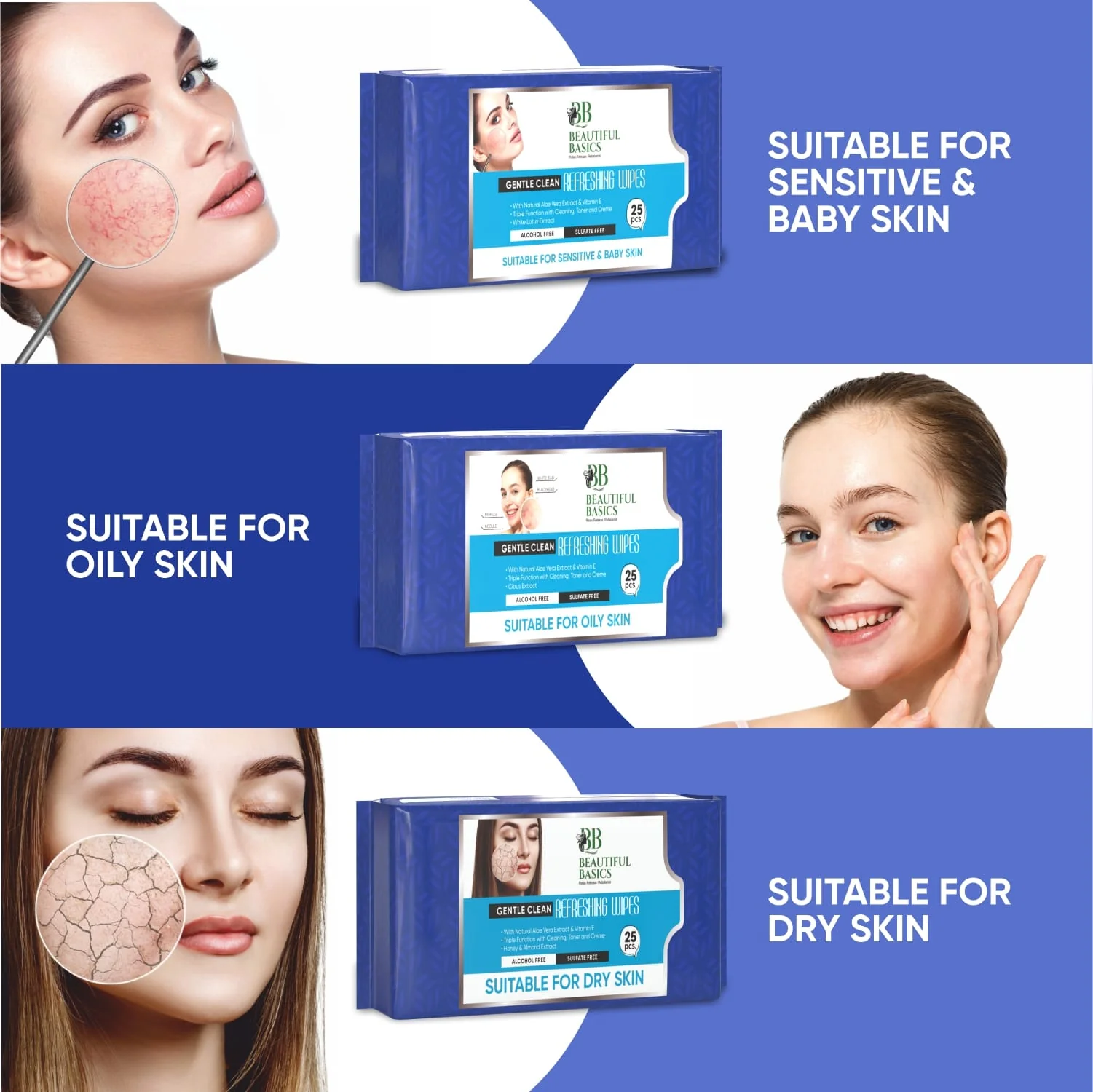Beautiful Basics Dry, Oily, Sensitive & Normal Skin Face Wipes (4Pkt x 100 Pcs) - Image 5