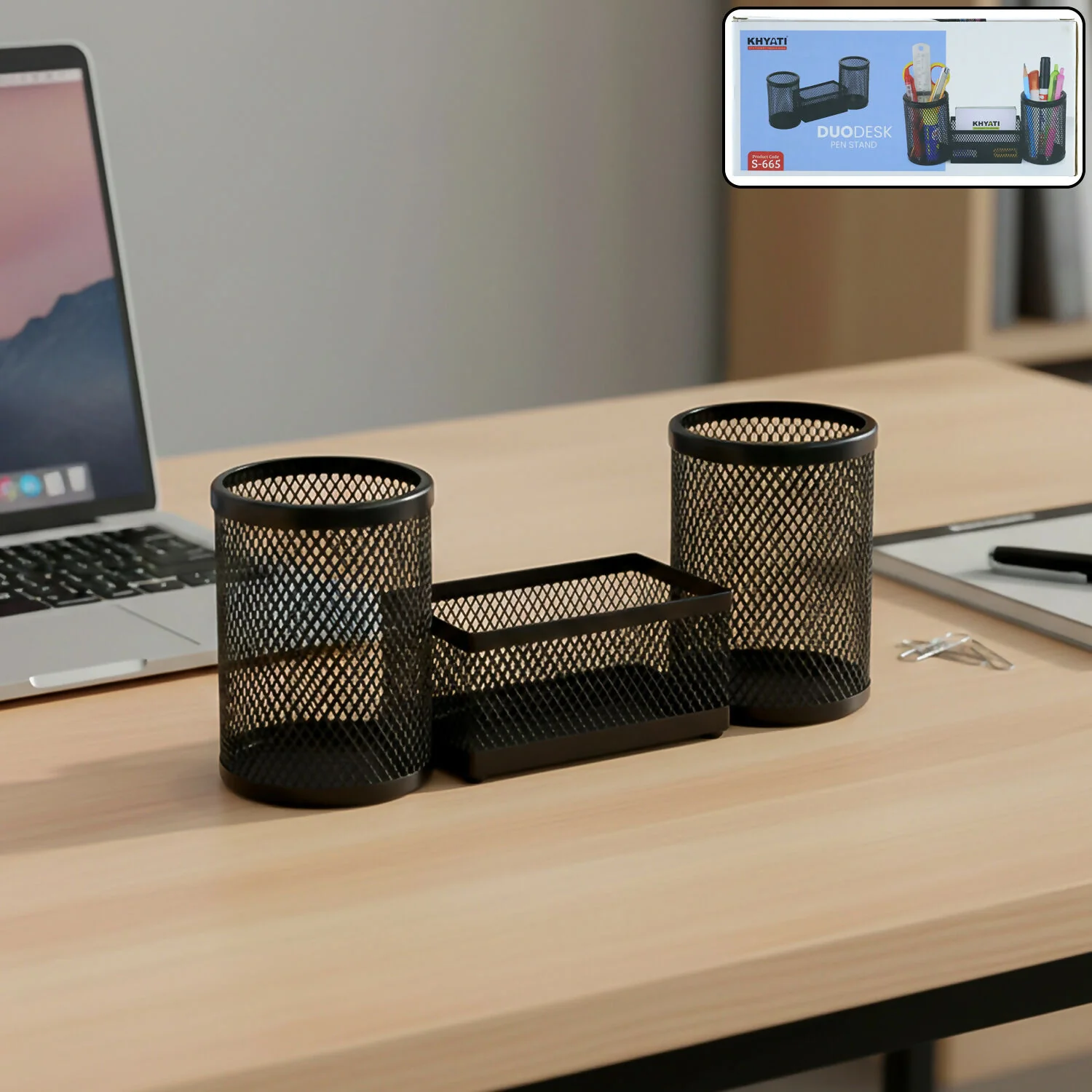 Dual Desk Mesh Pen Stand with Two Pencil Holders and Central Storage Tray for Office