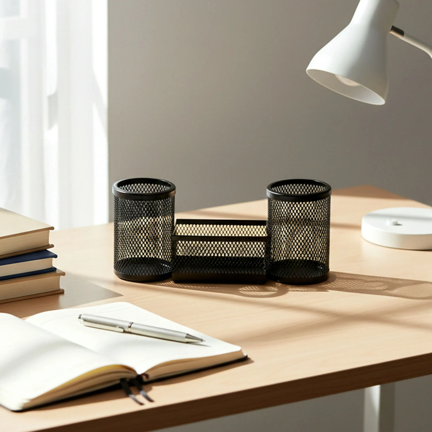 Dual Desk Mesh Pen Stand with Two Pencil Holders and Central Storage Tray for Office - Image 2