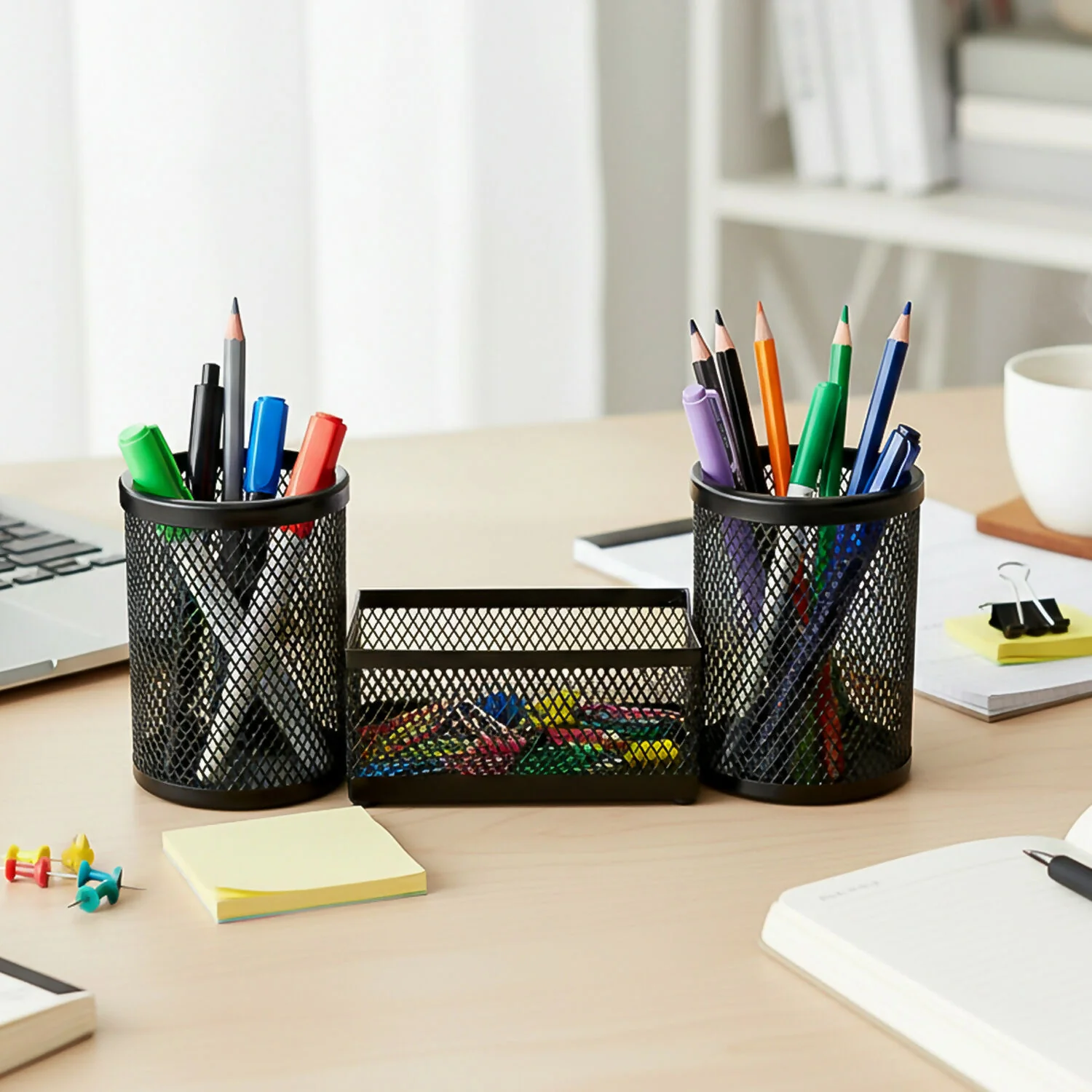 Dual Desk Mesh Pen Stand with Two Pencil Holders and Central Storage Tray for Office - Image 3