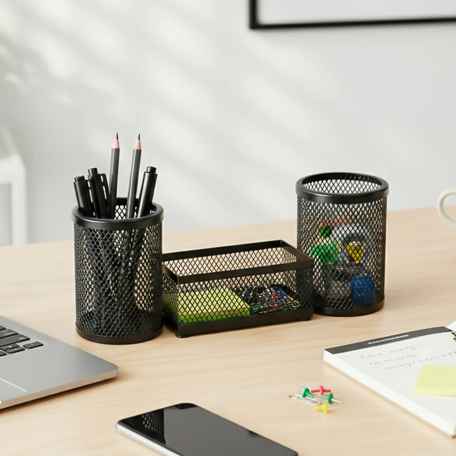 Dual Desk Mesh Pen Stand with Two Pencil Holders and Central Storage Tray for Office - Image 4