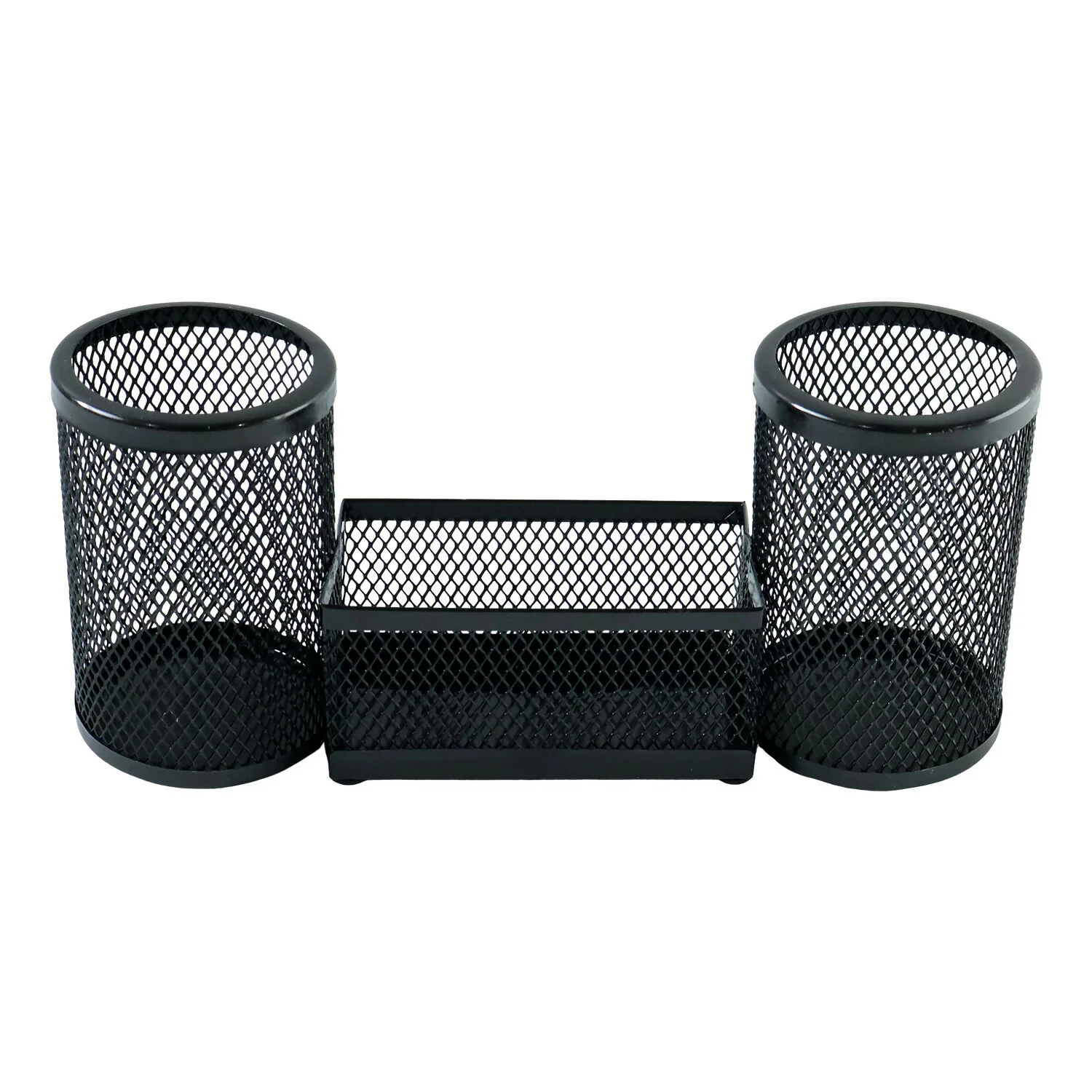 Dual Desk Mesh Pen Stand with Two Pencil Holders and Central Storage Tray for Office - Image 5