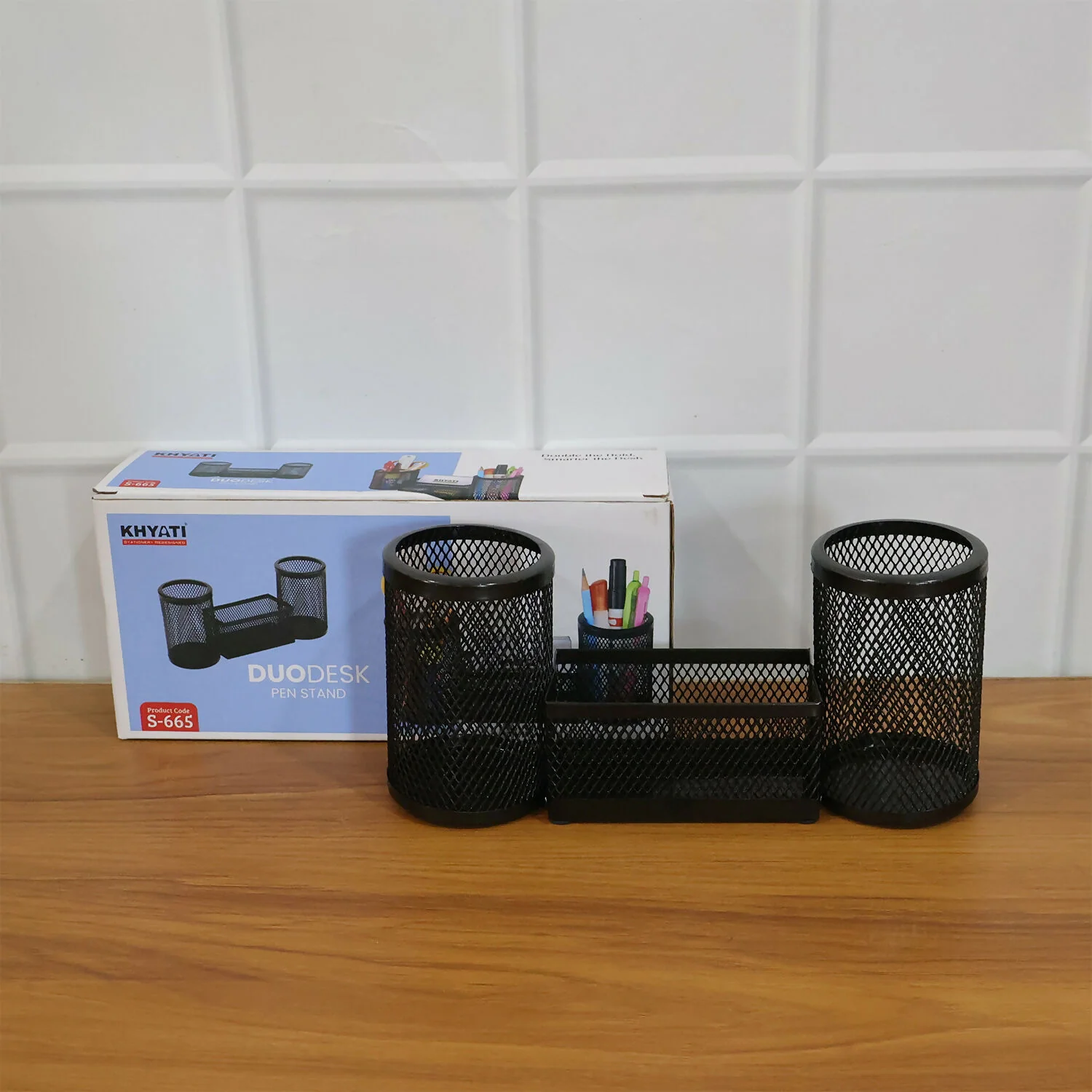 Dual Desk Mesh Pen Stand with Two Pencil Holders and Central Storage Tray for Office - Image 6