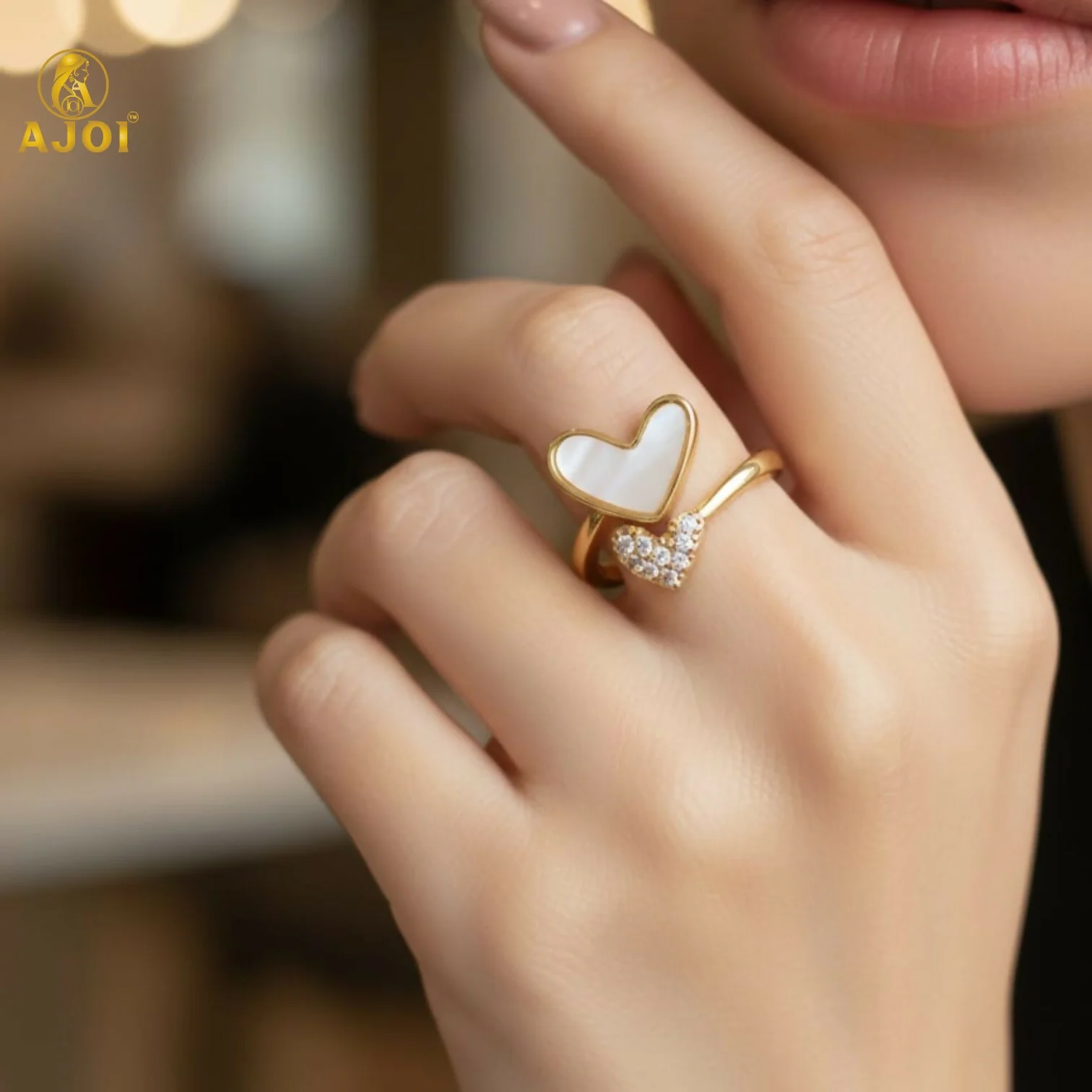 Dual Heart Gold-Tone Adjustable Ring - Image 2