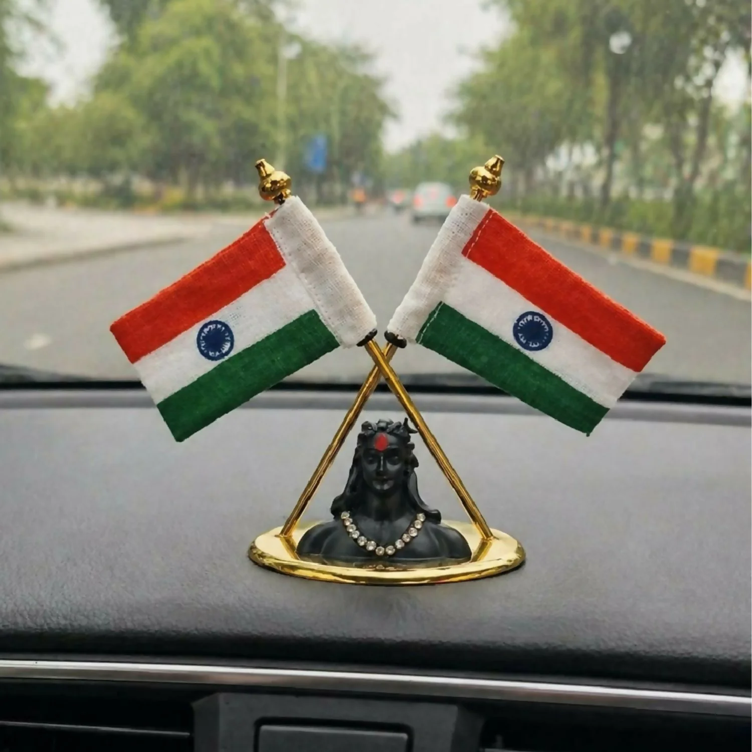 Dual Indian Flag Car Dashboard Stand with Shiva Idol Decorative Showpiece 1 Pc