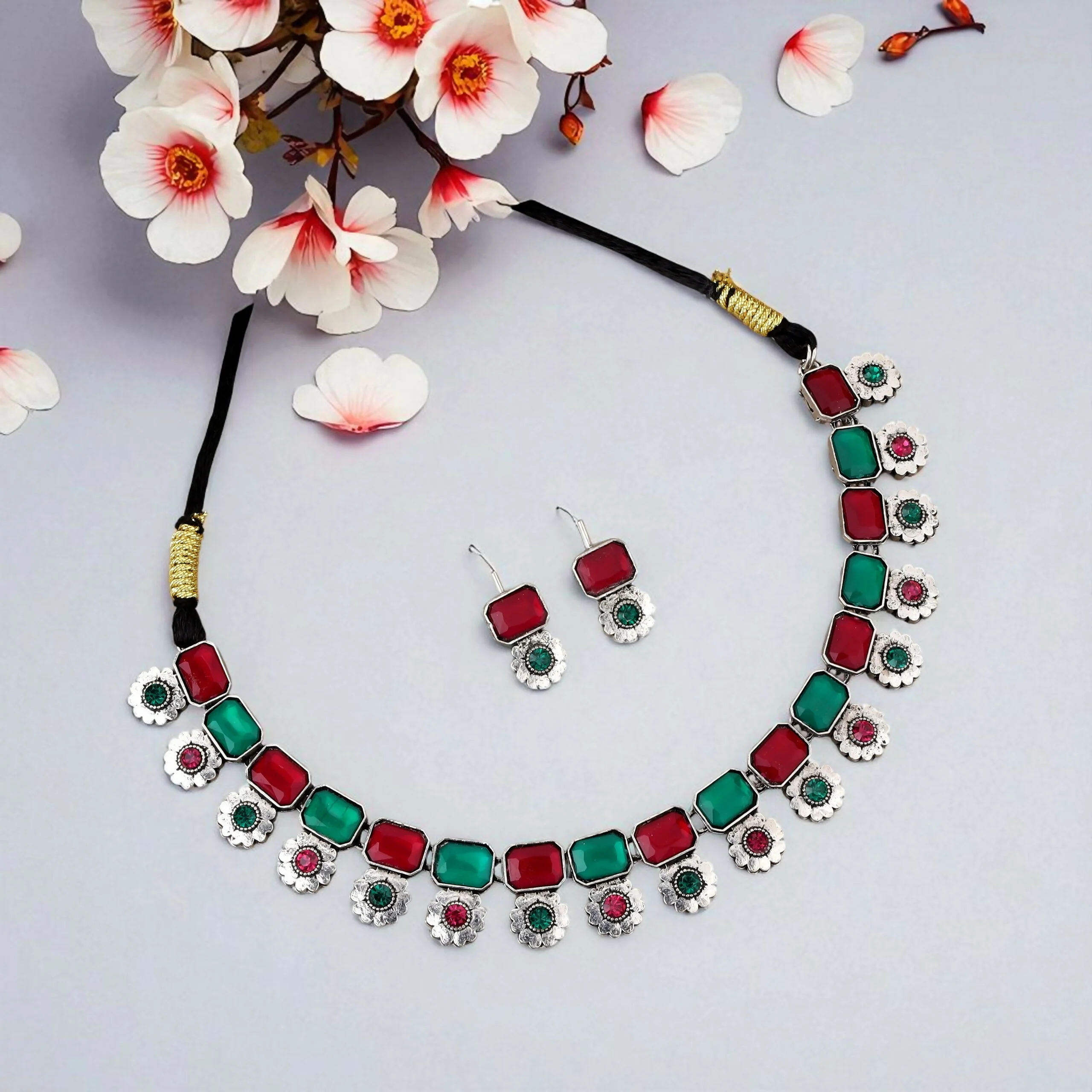 Dual-Tone Oxidized Choker Set with Pink and Green Stones - Image 3