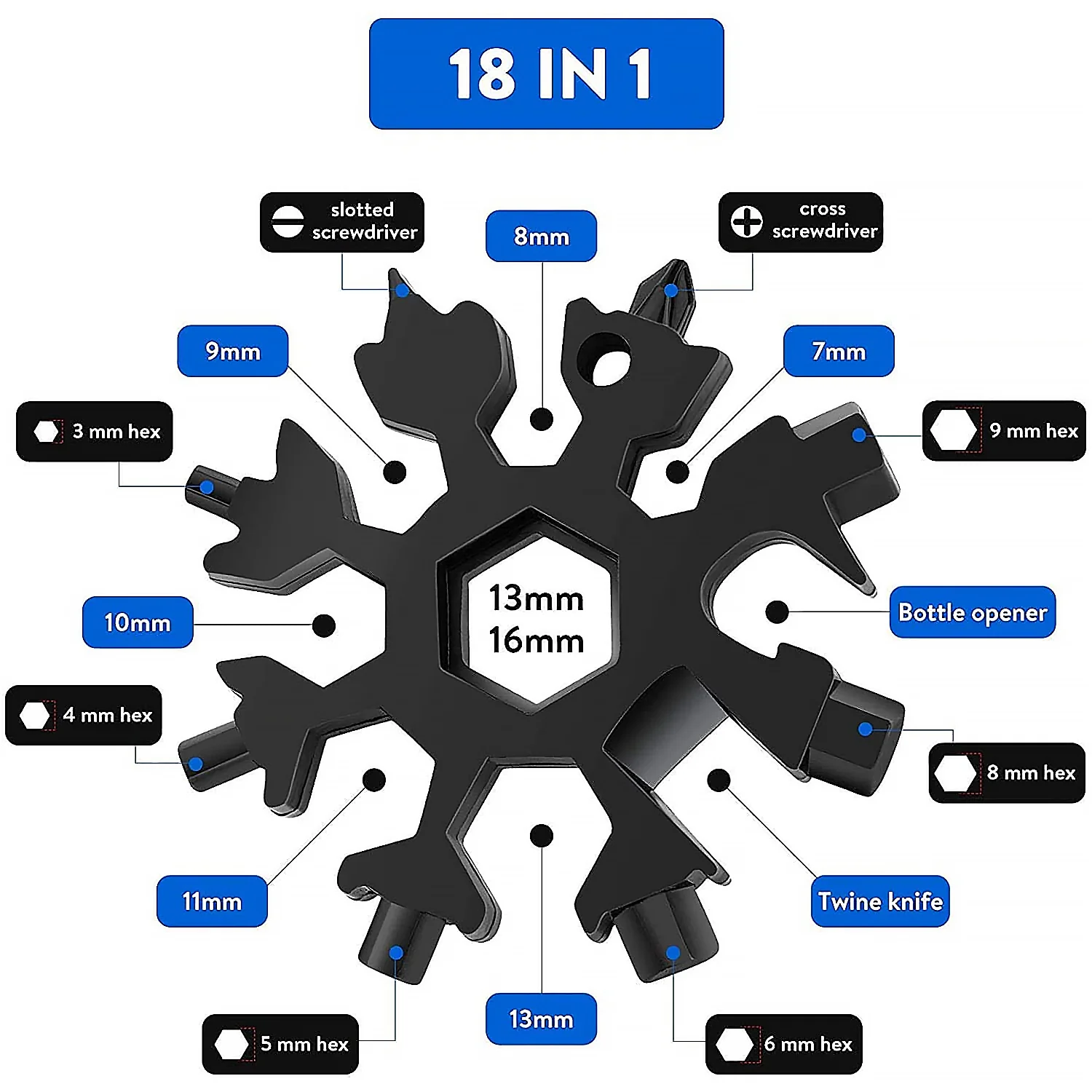 Durable 18-in-1 Snowflake Multi-Tool – Portable Bottle Opener, Screwdriver & Wrench - Image 4