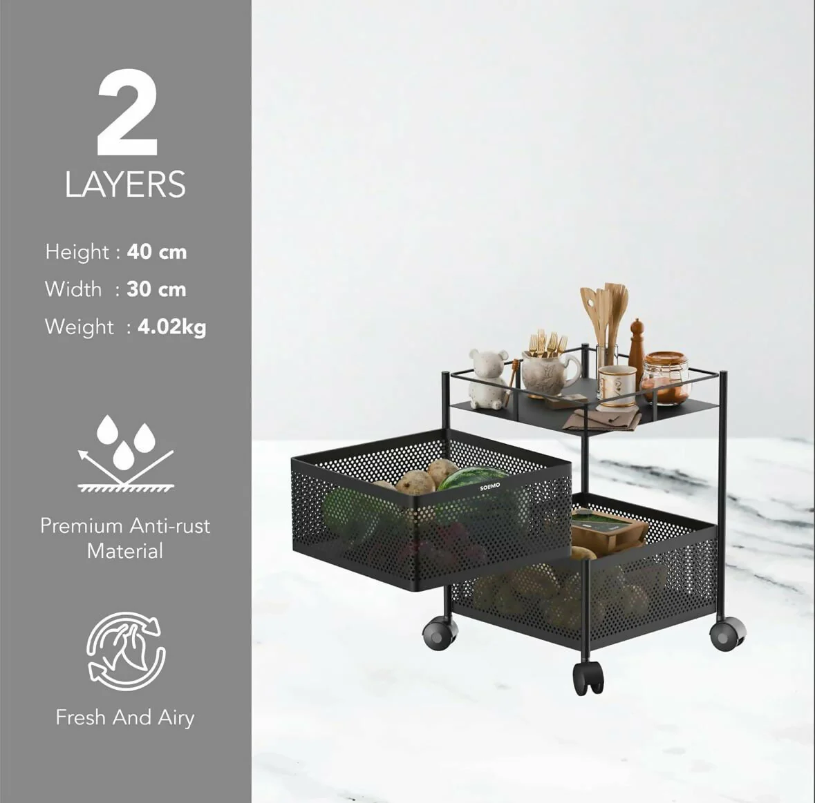 Durable Square 2-Layer Stainless Steel Kitchen Trolley with Ventilated Baskets & Wheels - Image 3