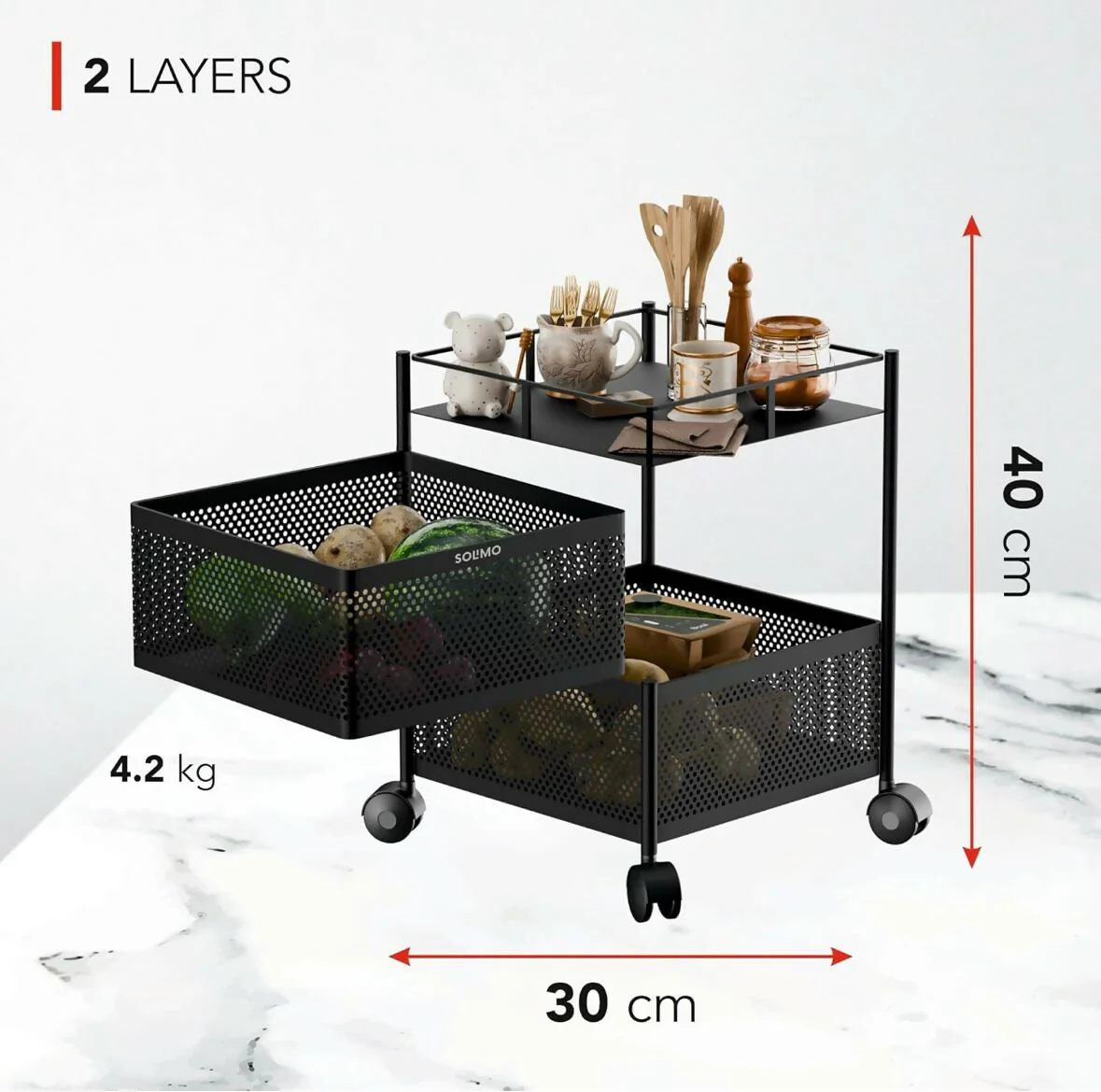 Durable Square 2-Layer Stainless Steel Kitchen Trolley with Ventilated Baskets & Wheels - Image 5