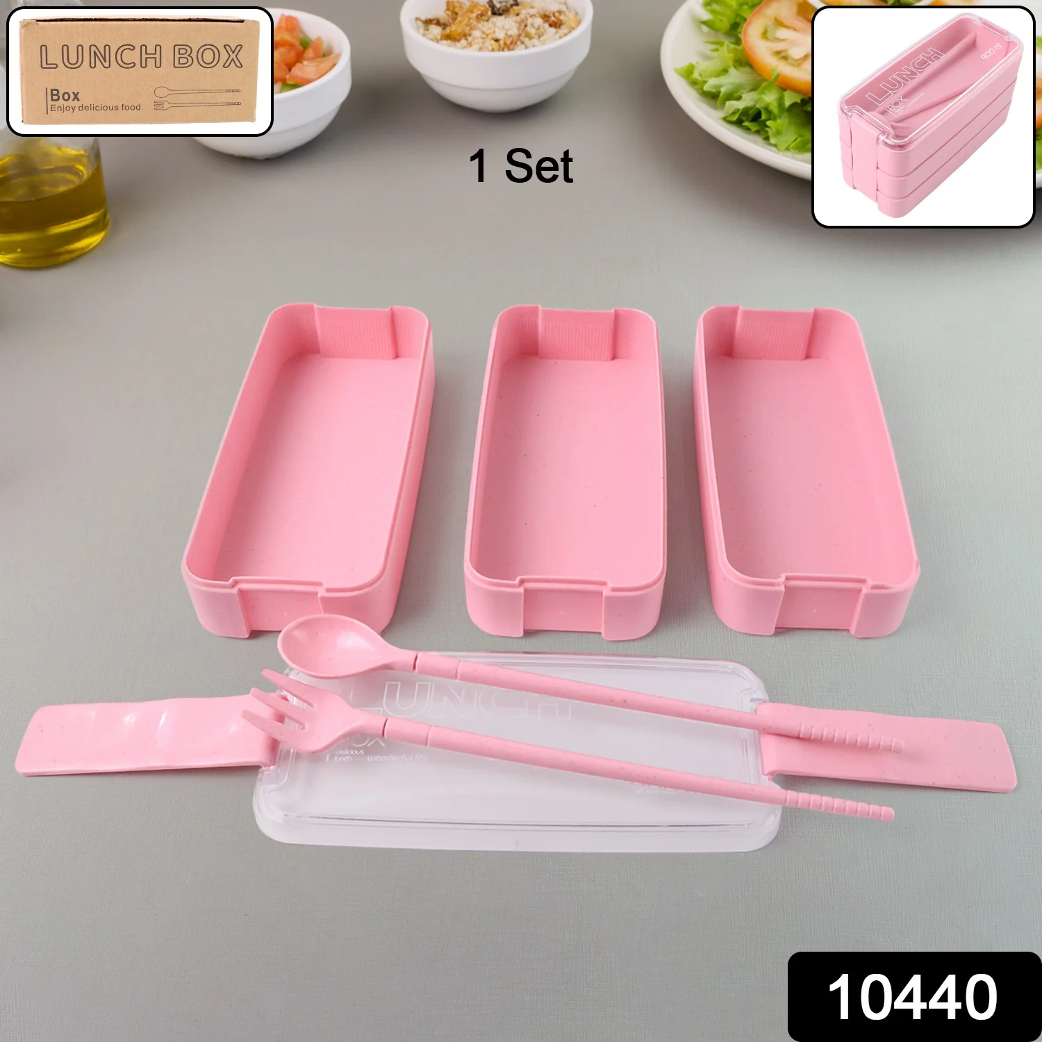 Eco-Friendly 3-Layer Stackable Lunch Box Set with Cutlery - Image 2