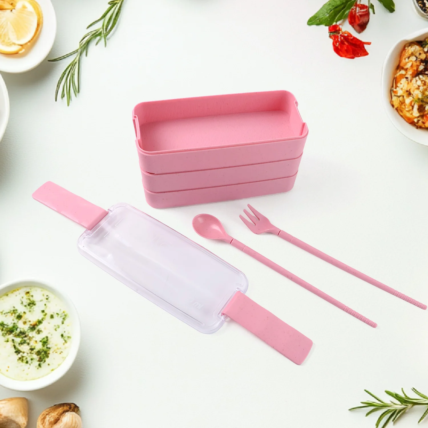 Eco-Friendly 3-Layer Stackable Lunch Box Set with Cutlery - Image 3